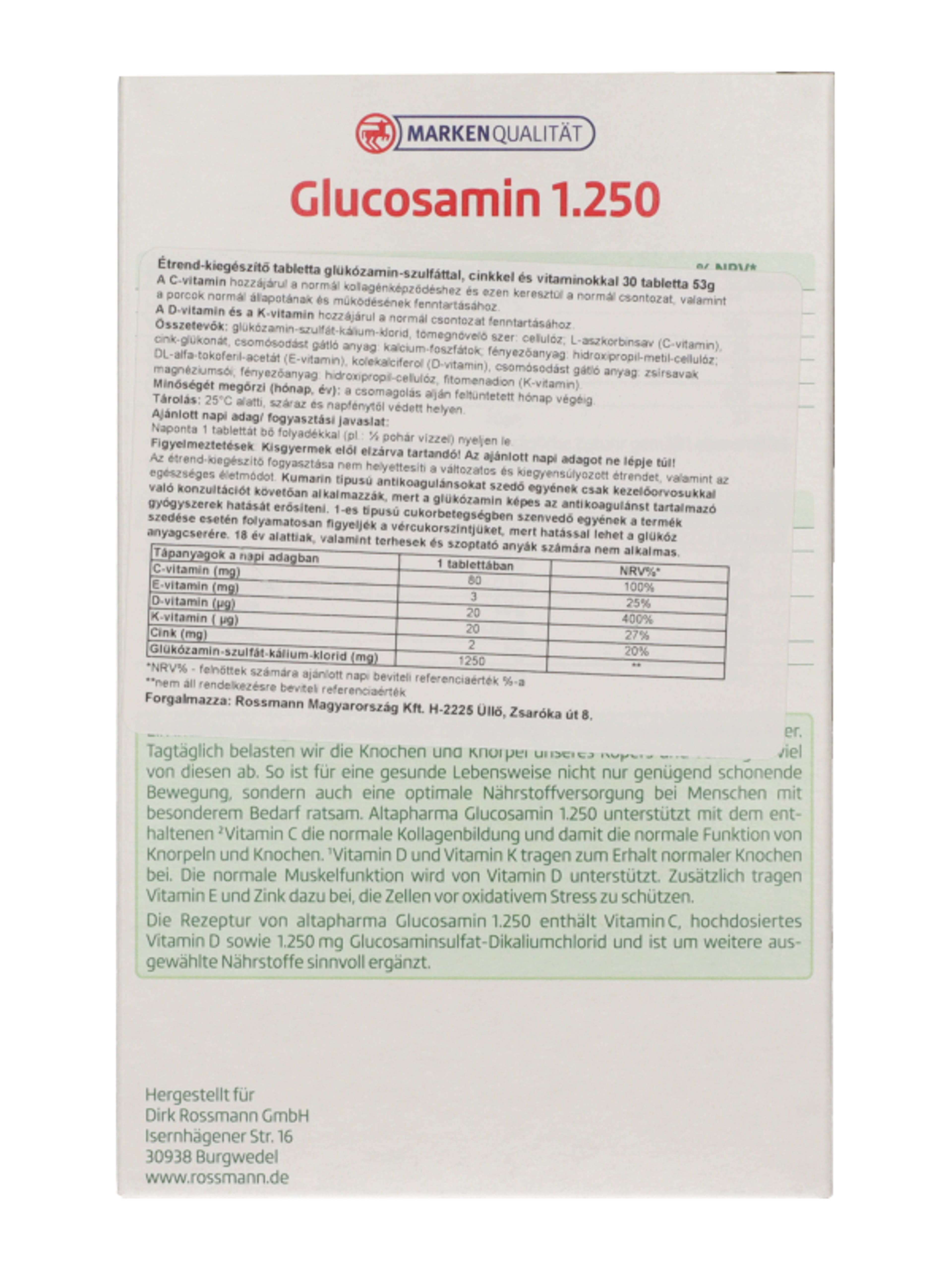 Altapharma étrend-kiegészítő tabletta glükózamin-szulfáttal, cinkkel és vitaminokkal - 30 db-4