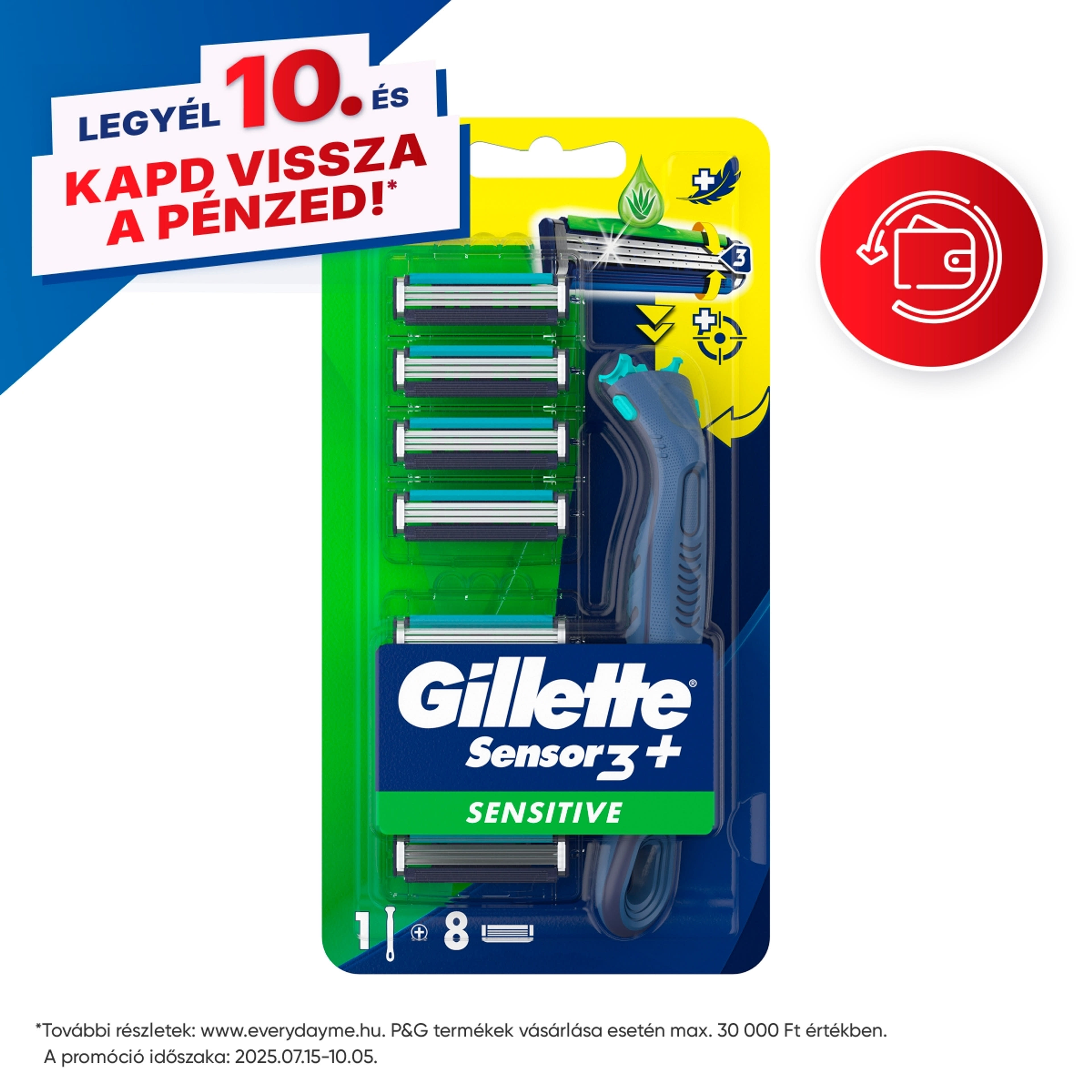 Gillette Sensor3+ 3 pengés Sensitive borotva készülék 8 borotvabetéttel - 1db