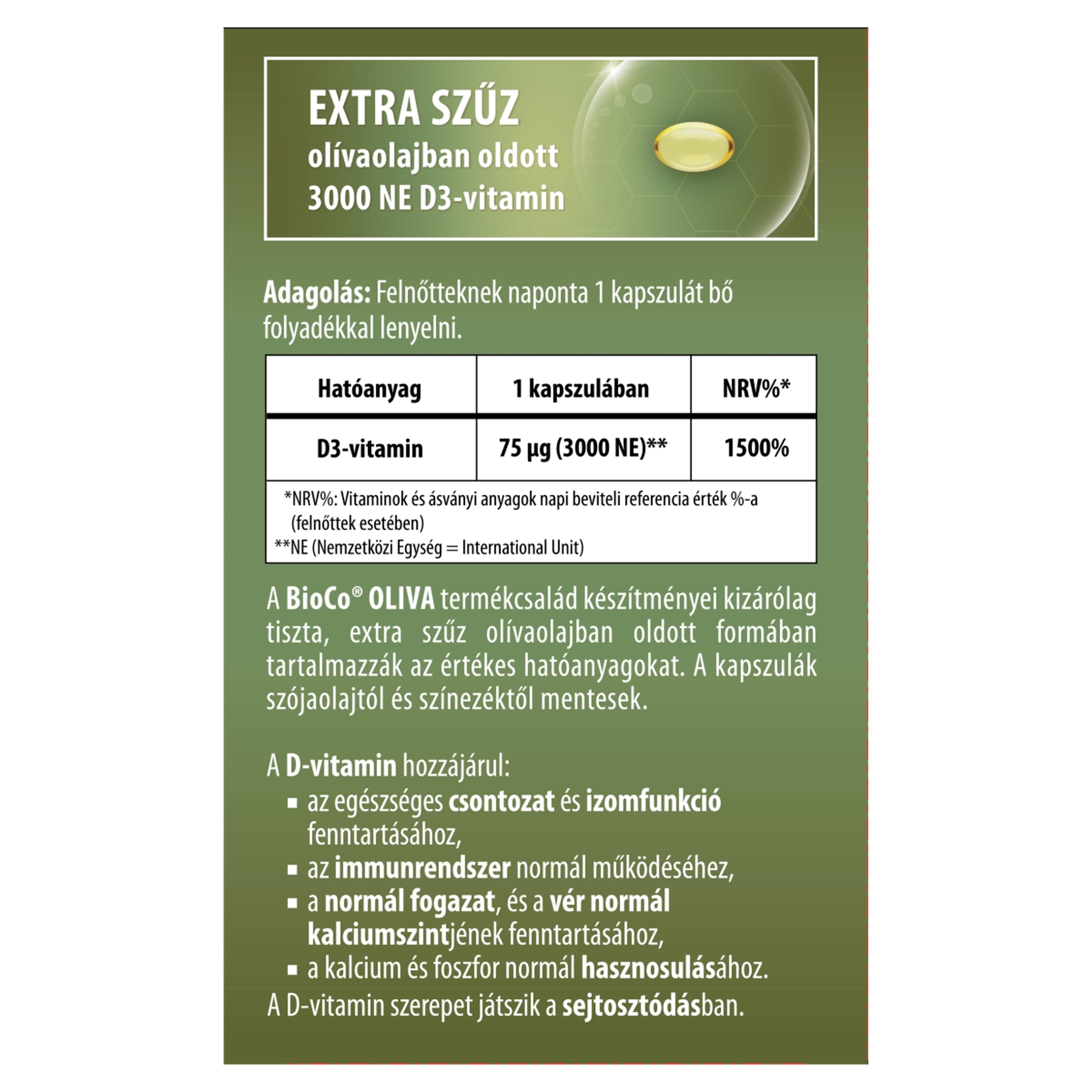 BioCo Oliva D3-vitamin 3000 NE étrend-kiegészítő lágyzselatin kapszula - 60 db-2