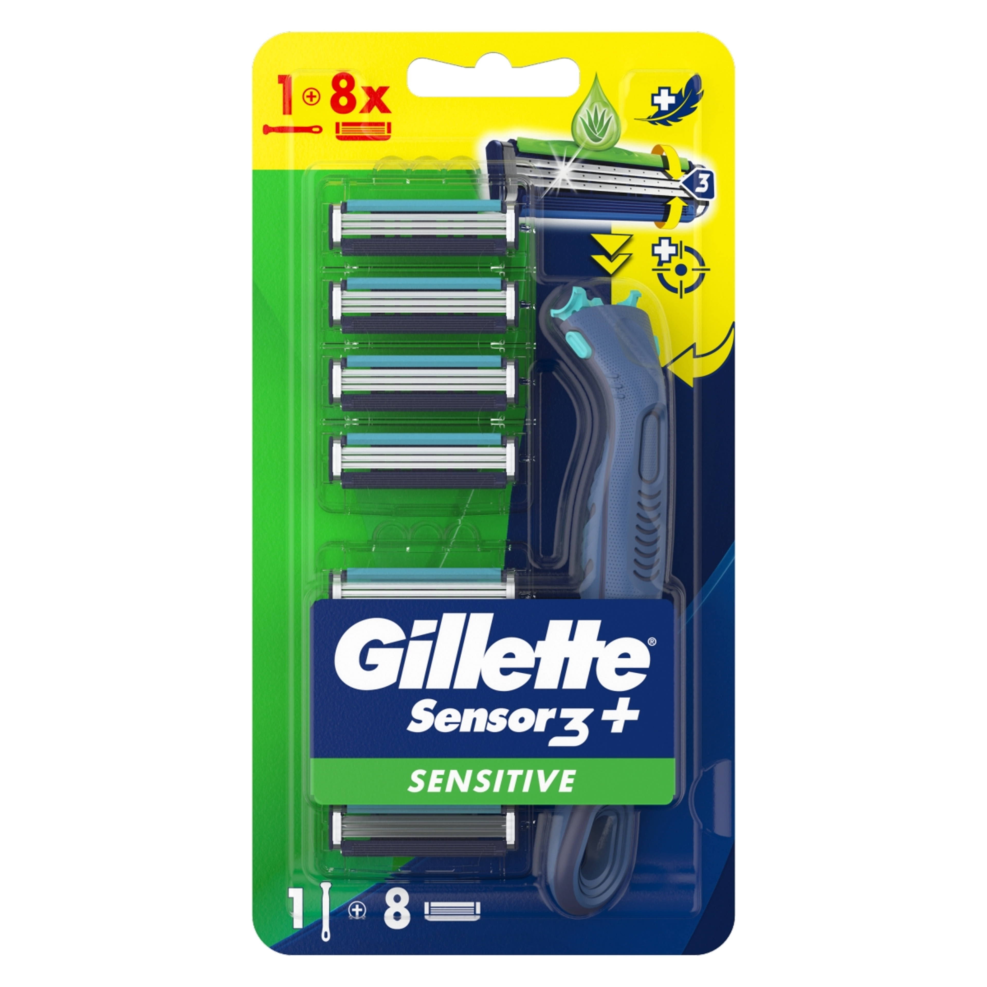 Gillette Sensor 3+ érzékeny cserefejű borotva ergonomikus nyéllel és borotvapengével - 8 db