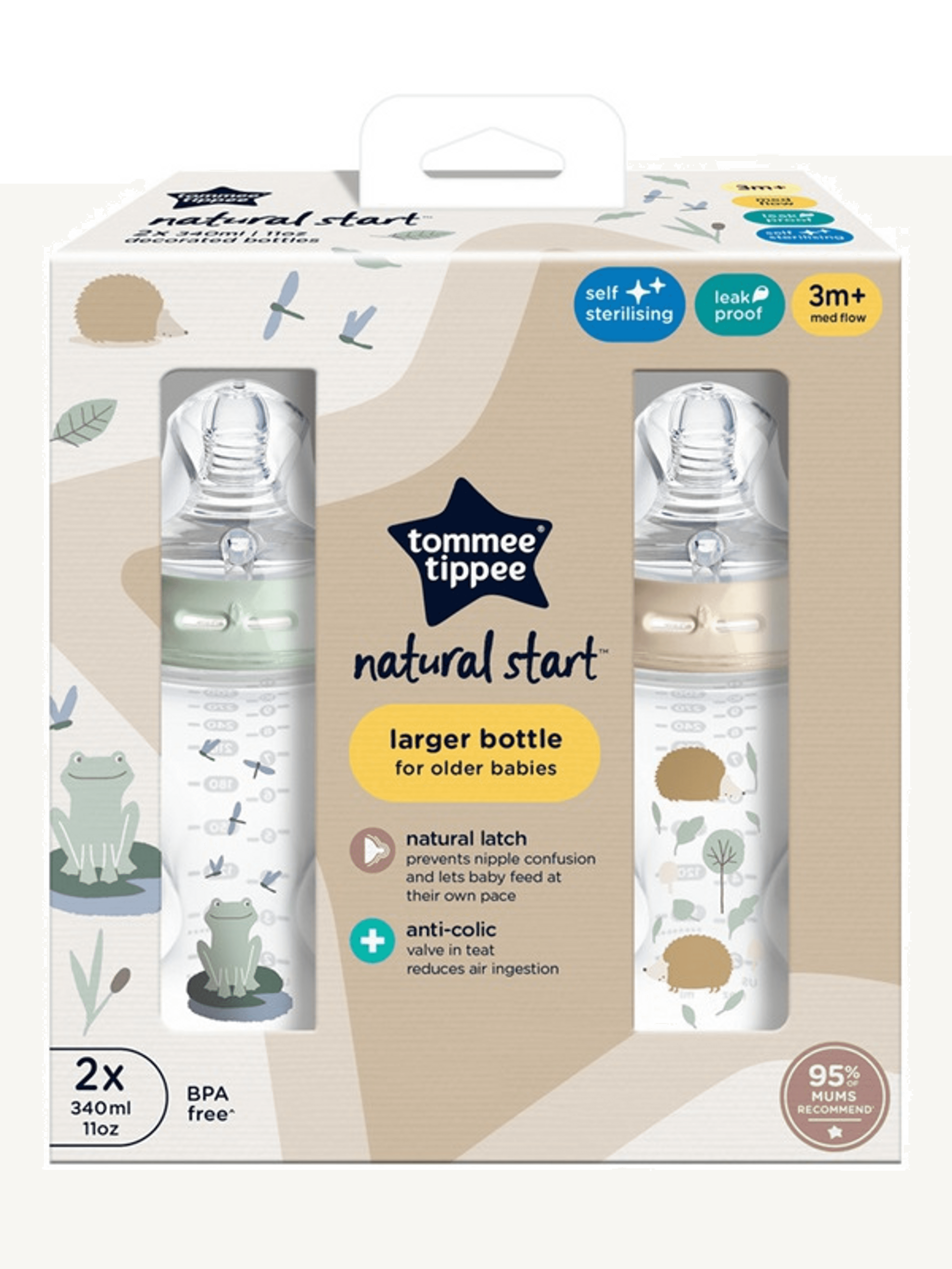 Tommee Tippee Natural Start önsterilizáló cumisüveg /béka, süni 2x340 ml - 1 db-1