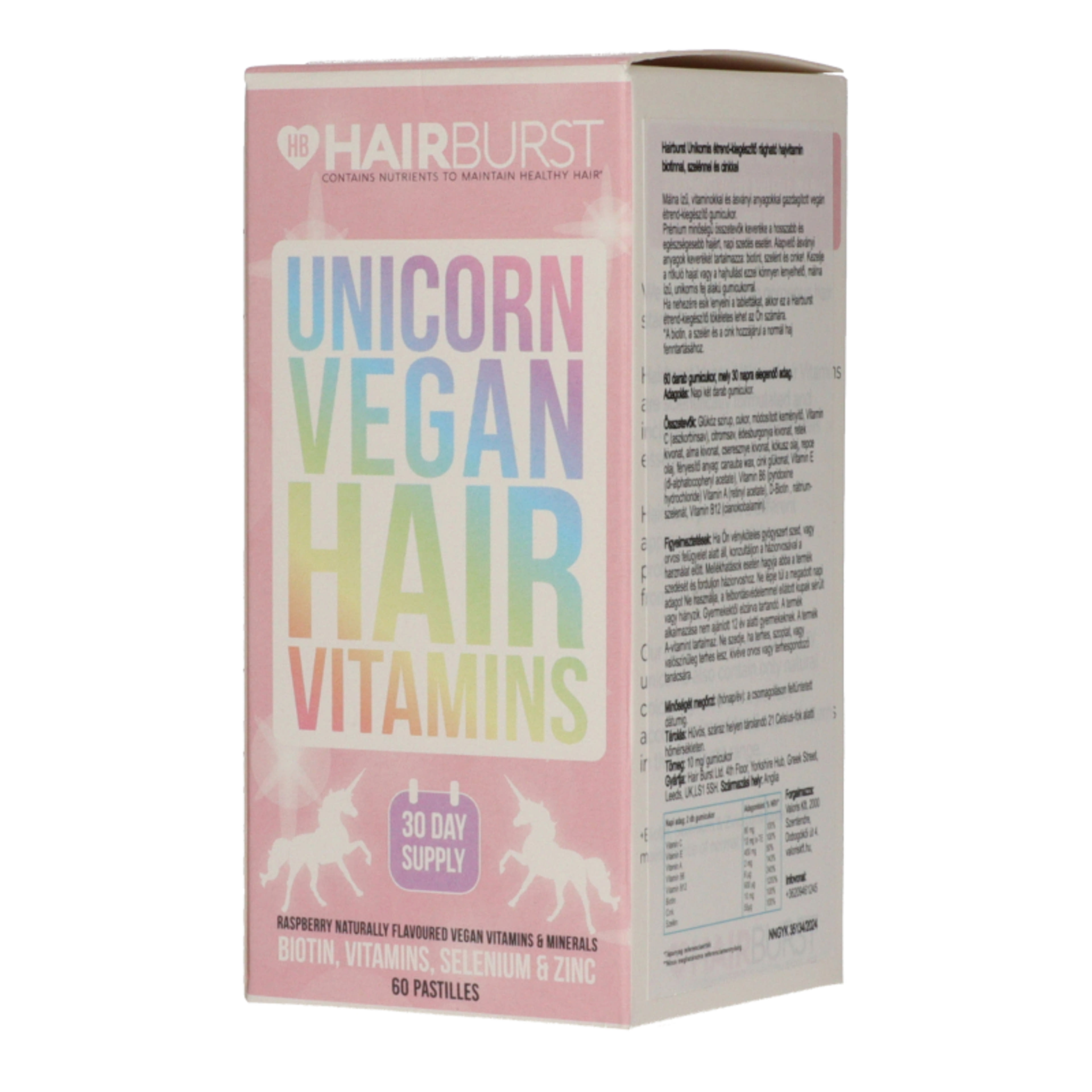 Hairburst Unicorn étrend-kiegészítő hajvitamin biotinnal, szelénnel és cinkkel málna ízű - 60 db-2