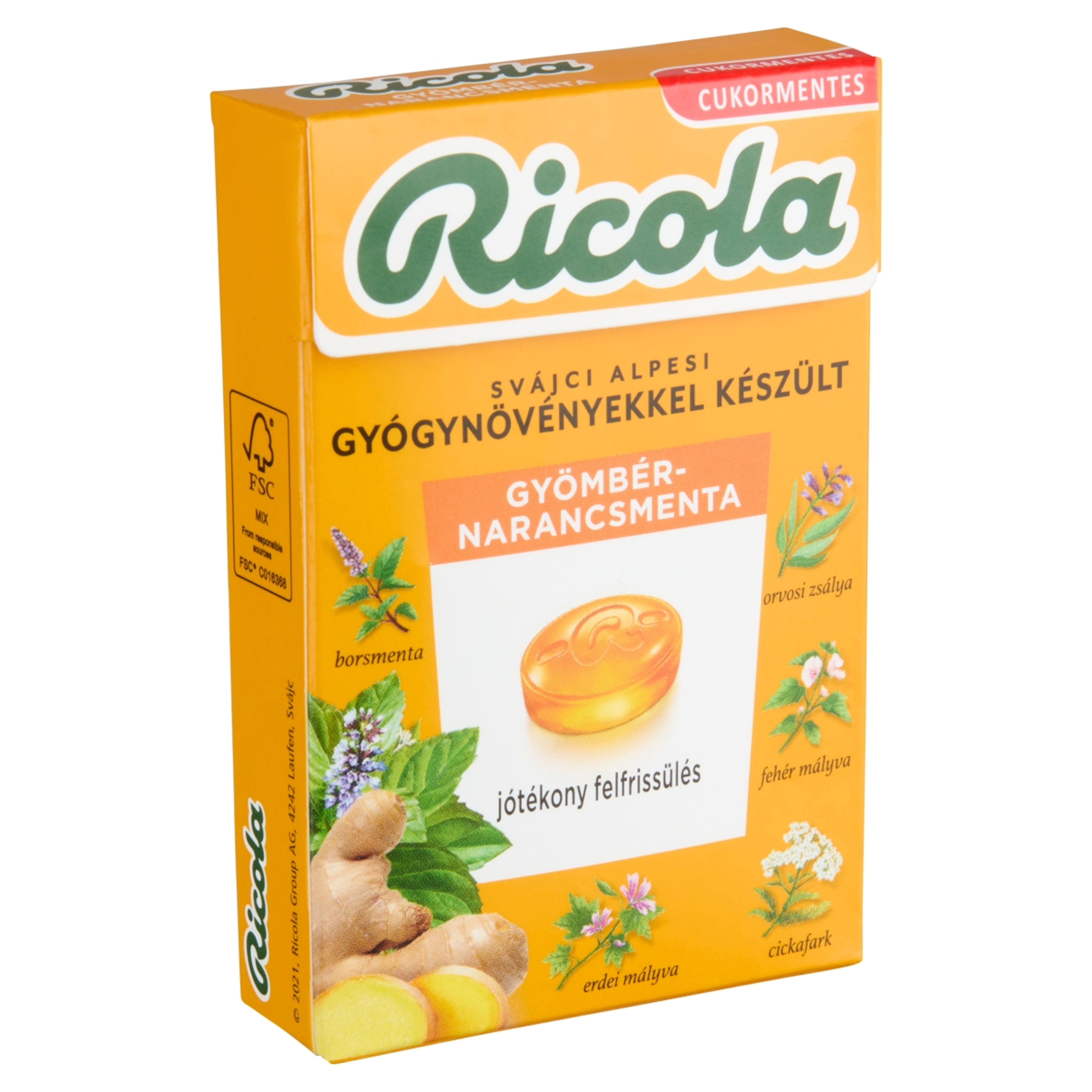 Ricola svájci alpesi cukormentes gyömbér-narancsmenta cukorkák - 40 g-2