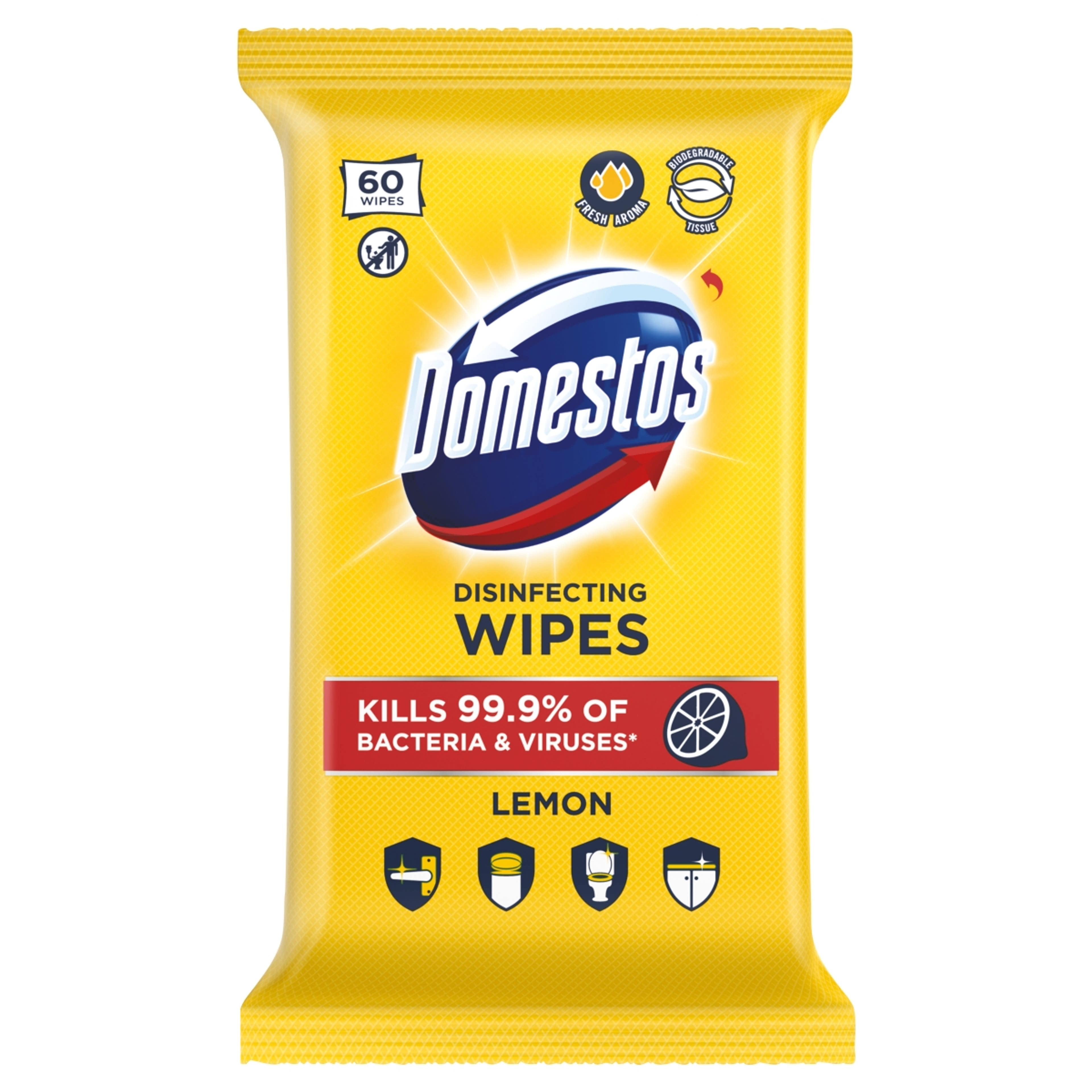 Domestos Lemon higiénikus törlőkendő citrom illattal - 60 db