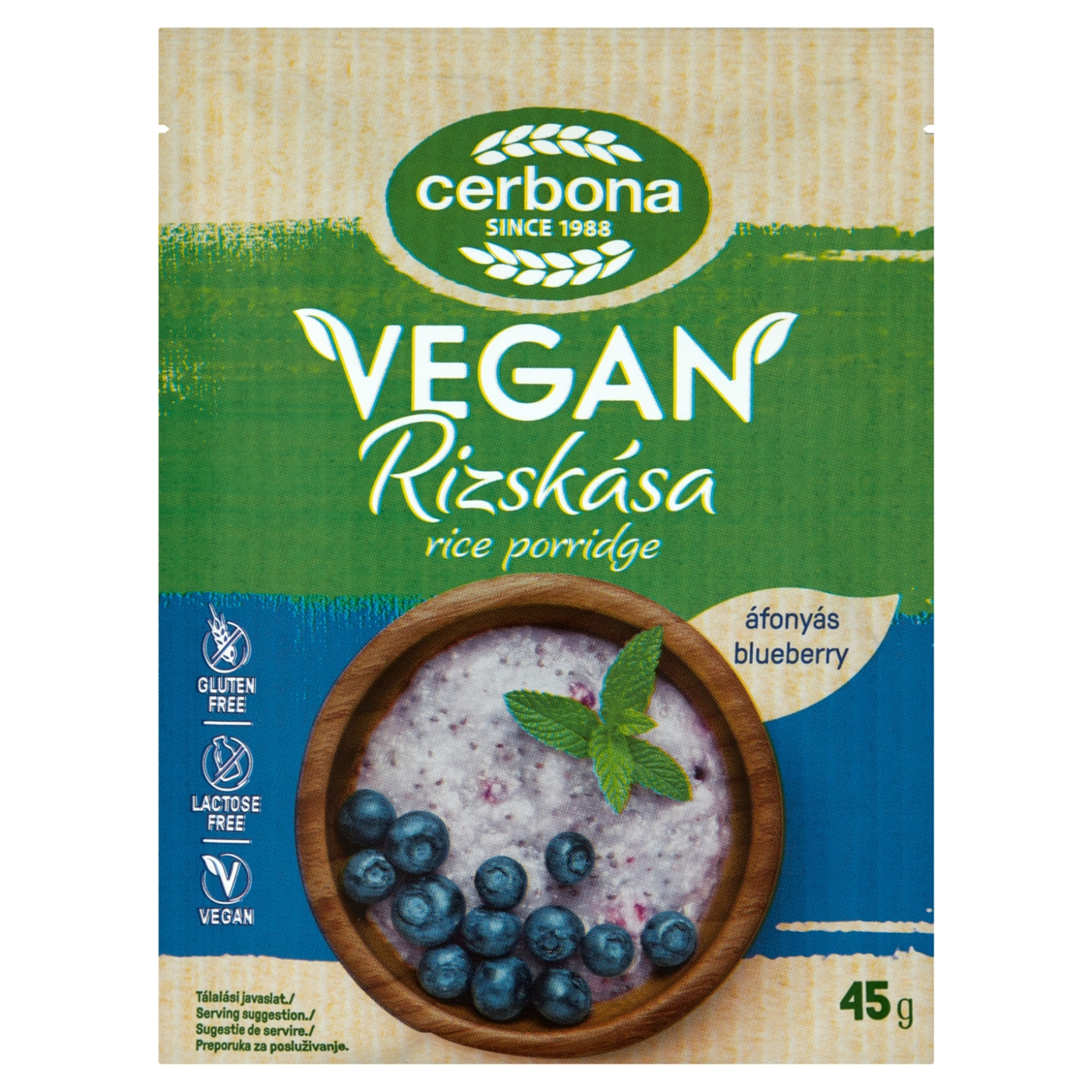 Cerbona Vegan gluténmentes, laktózmentes áfonyás rizskása - 45 g-1