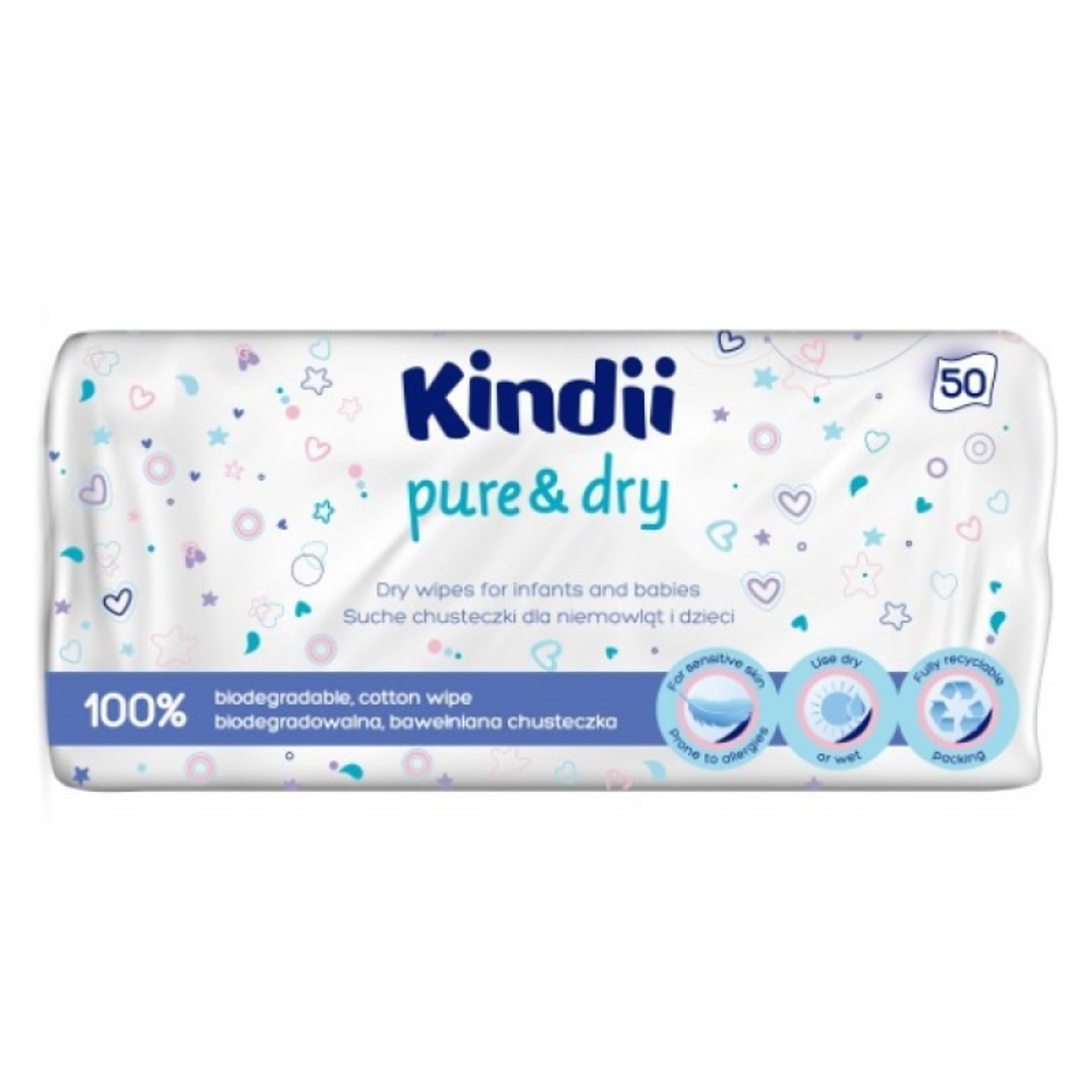 Kindii Pure&Dry száraz törlőkendő - 50 db