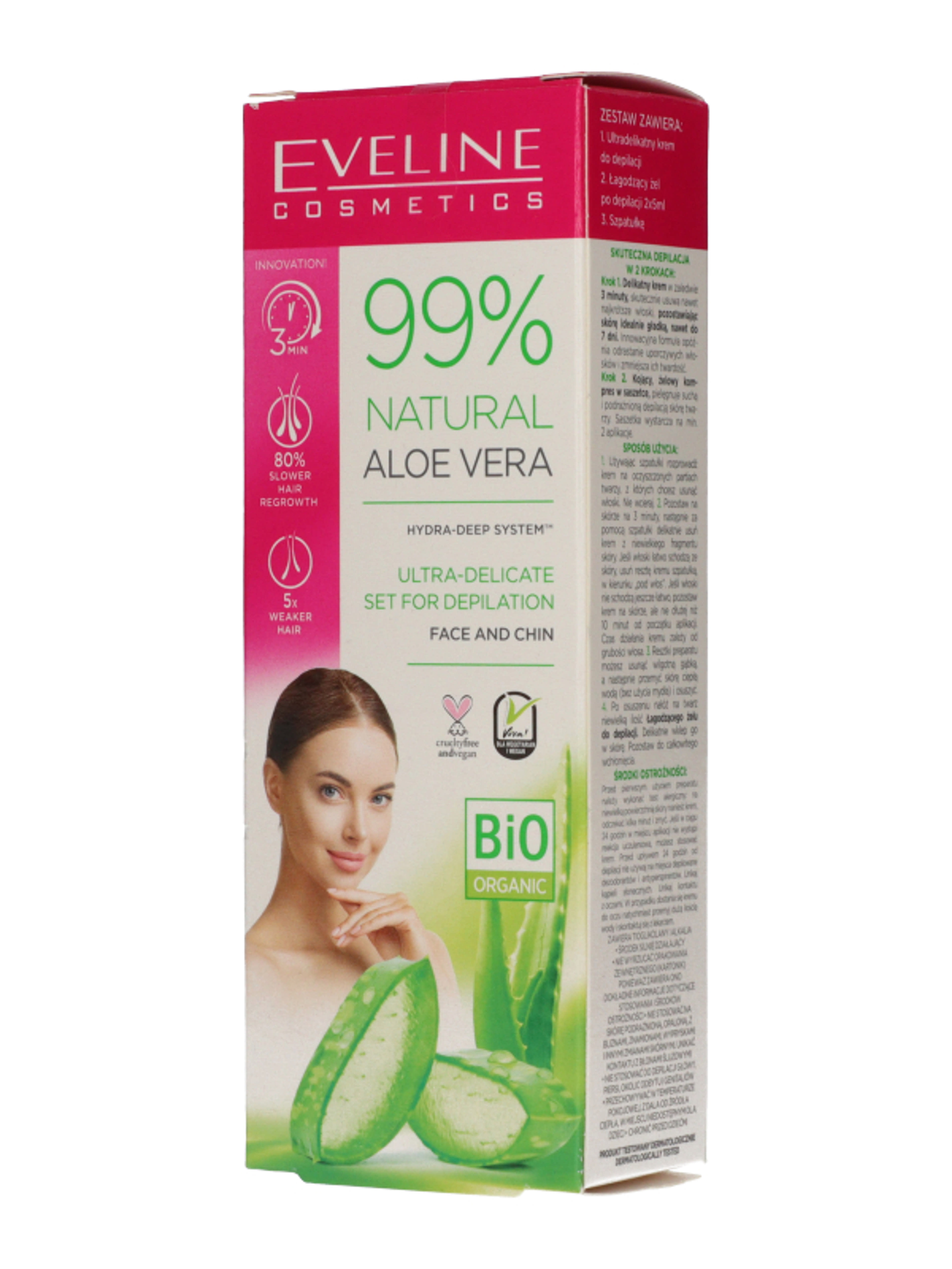 Eveline 99% Natural Aloe Vera szőrtelenítő krém arcra és állra,  szőrtelenítés utáni nyugtató géllel - 30 ml-2