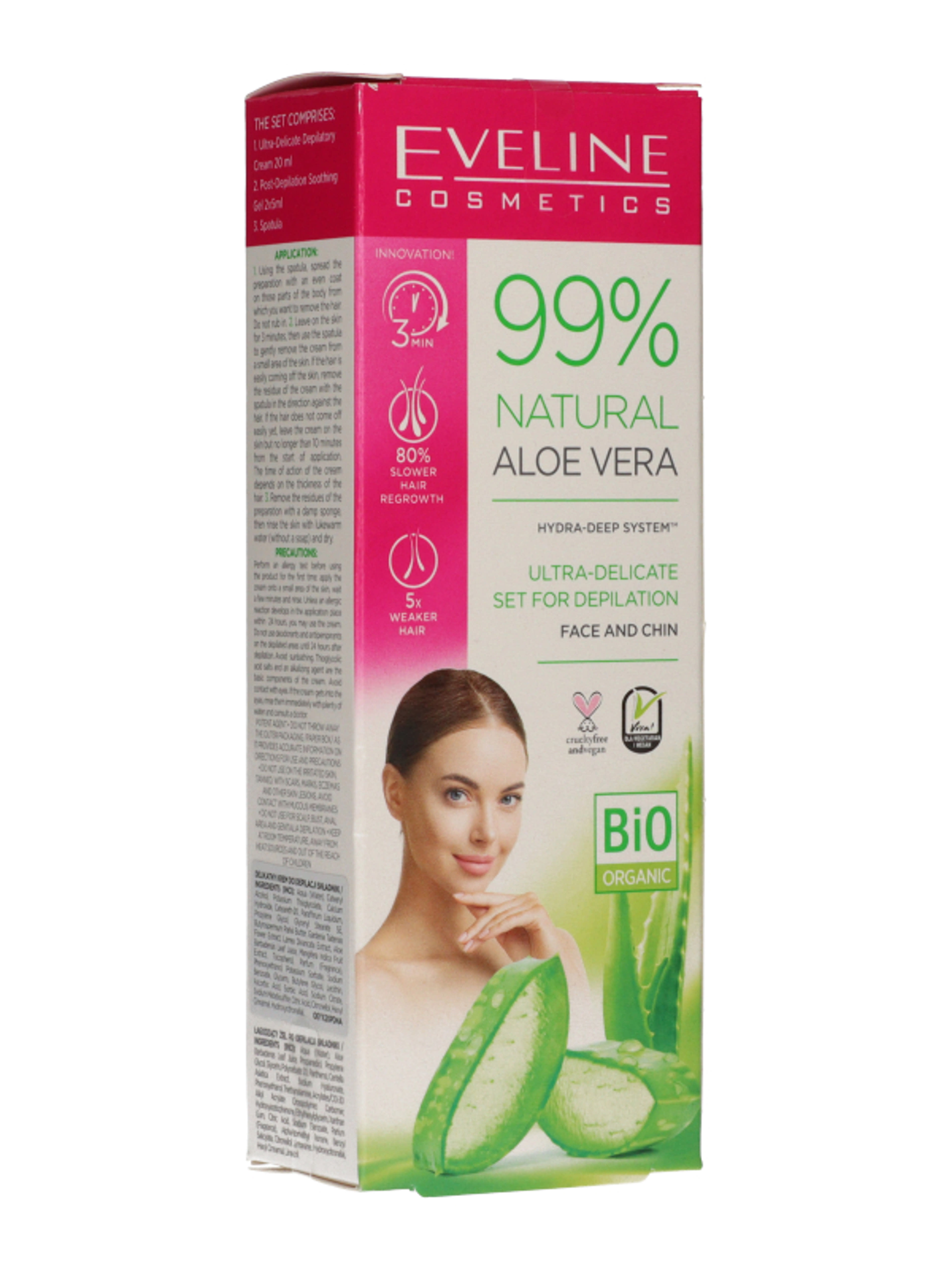 Eveline 99% Natural Aloe Vera szőrtelenítő krém arcra és állra,  szőrtelenítés utáni nyugtató géllel - 30 ml-4