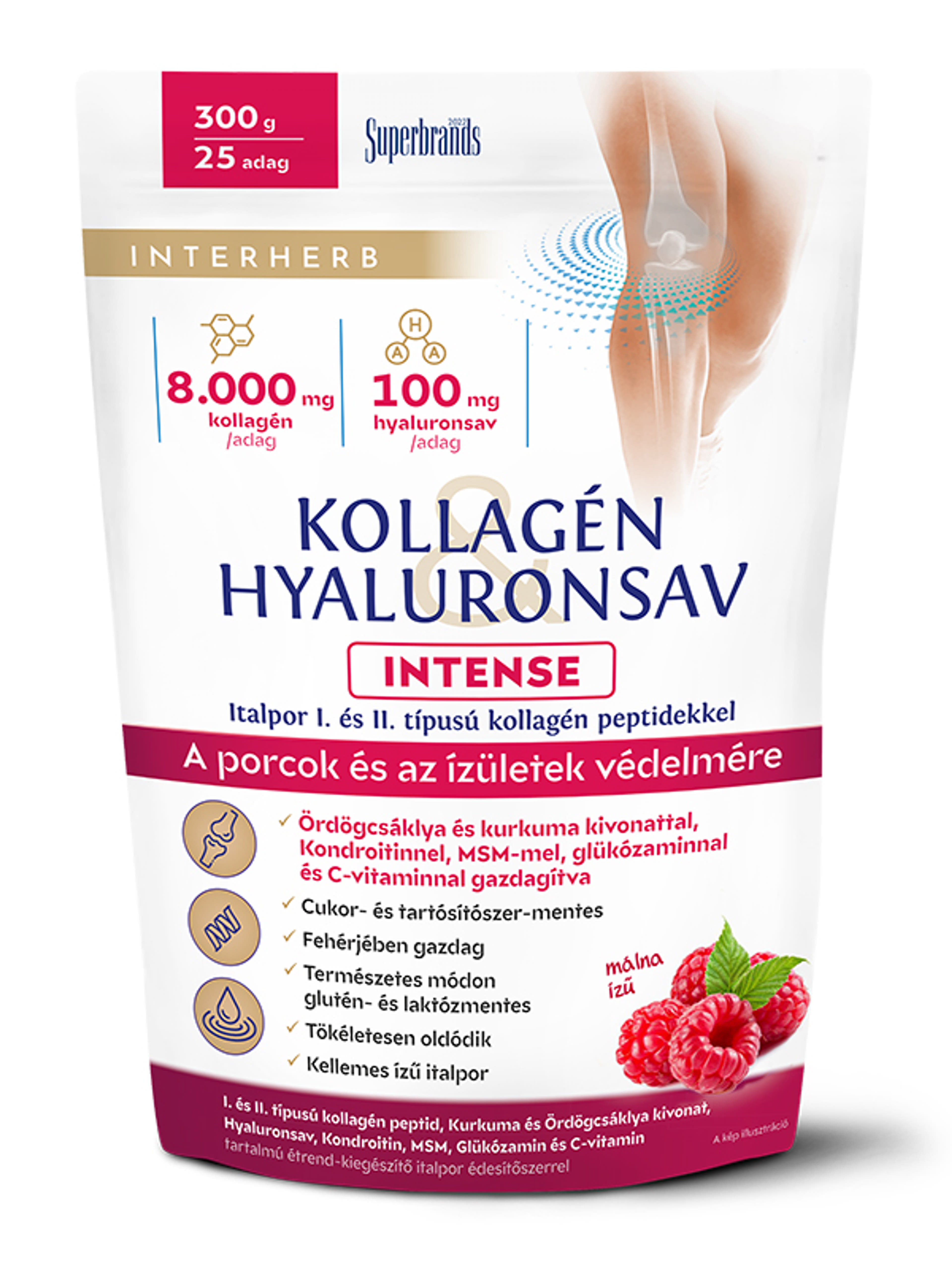 Interherb Kollagén & Hyaluron porcépítő italpor málna ízzel - 300 g
