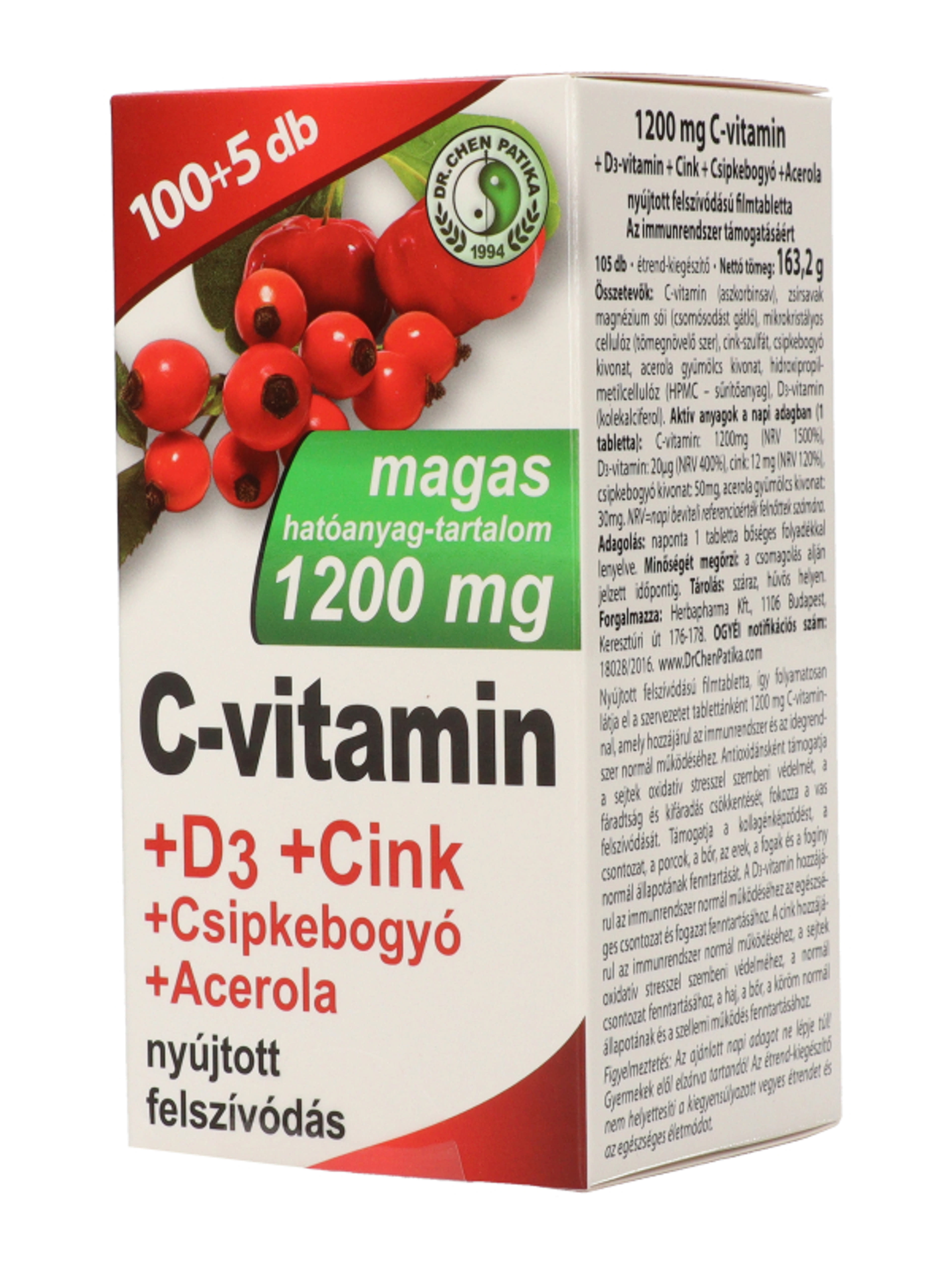 Dr.Chen Patika C-Vitamin 1200mg+ D3+ Cink +Csipkebogyó+ Acerola Nyújtott Hatású Filmtabletta - 105 db-3