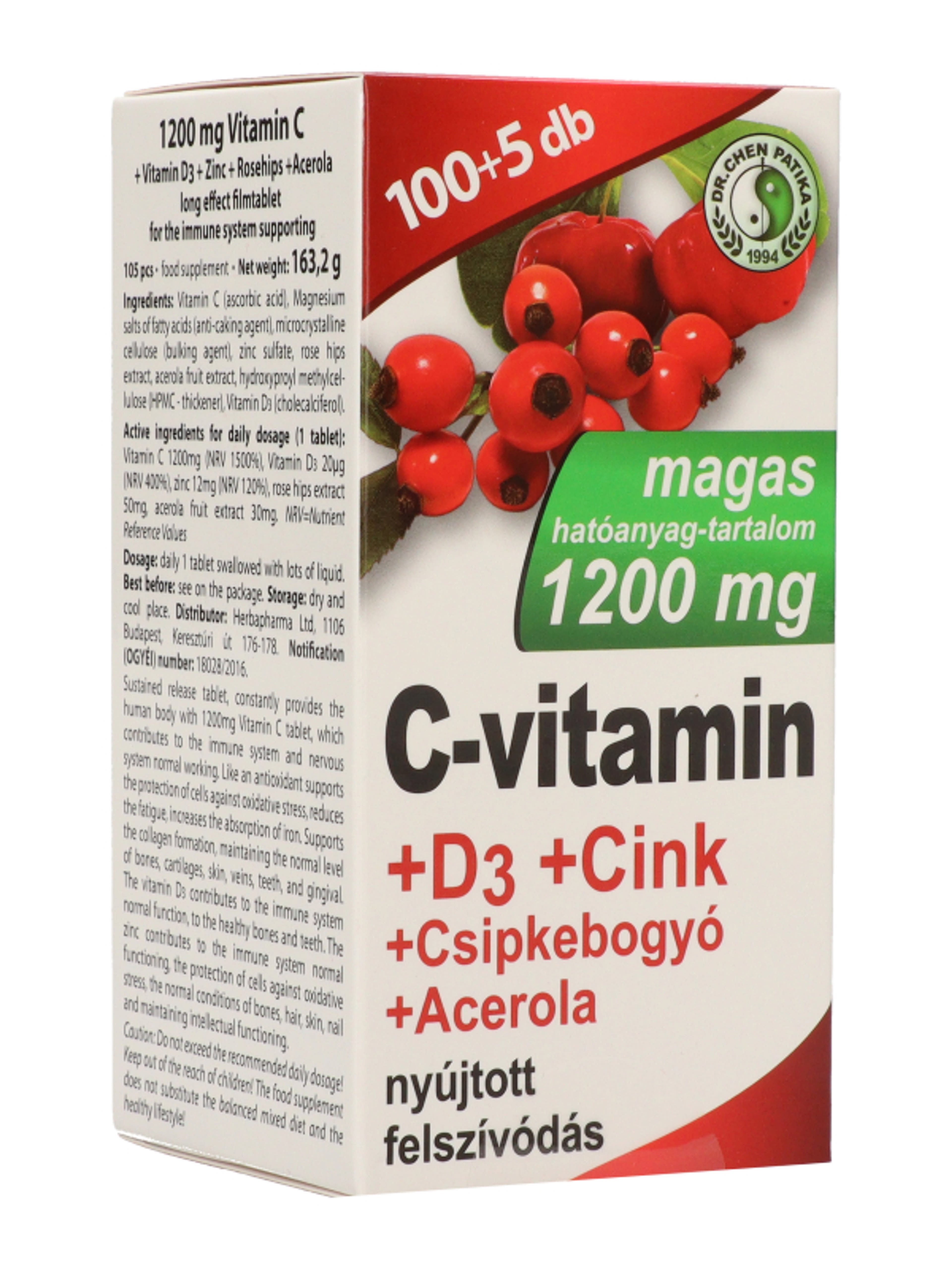 Dr.Chen Patika C-Vitamin 1200mg+ D3+ Cink +Csipkebogyó+ Acerola Nyújtott Hatású Filmtabletta - 105 db-5