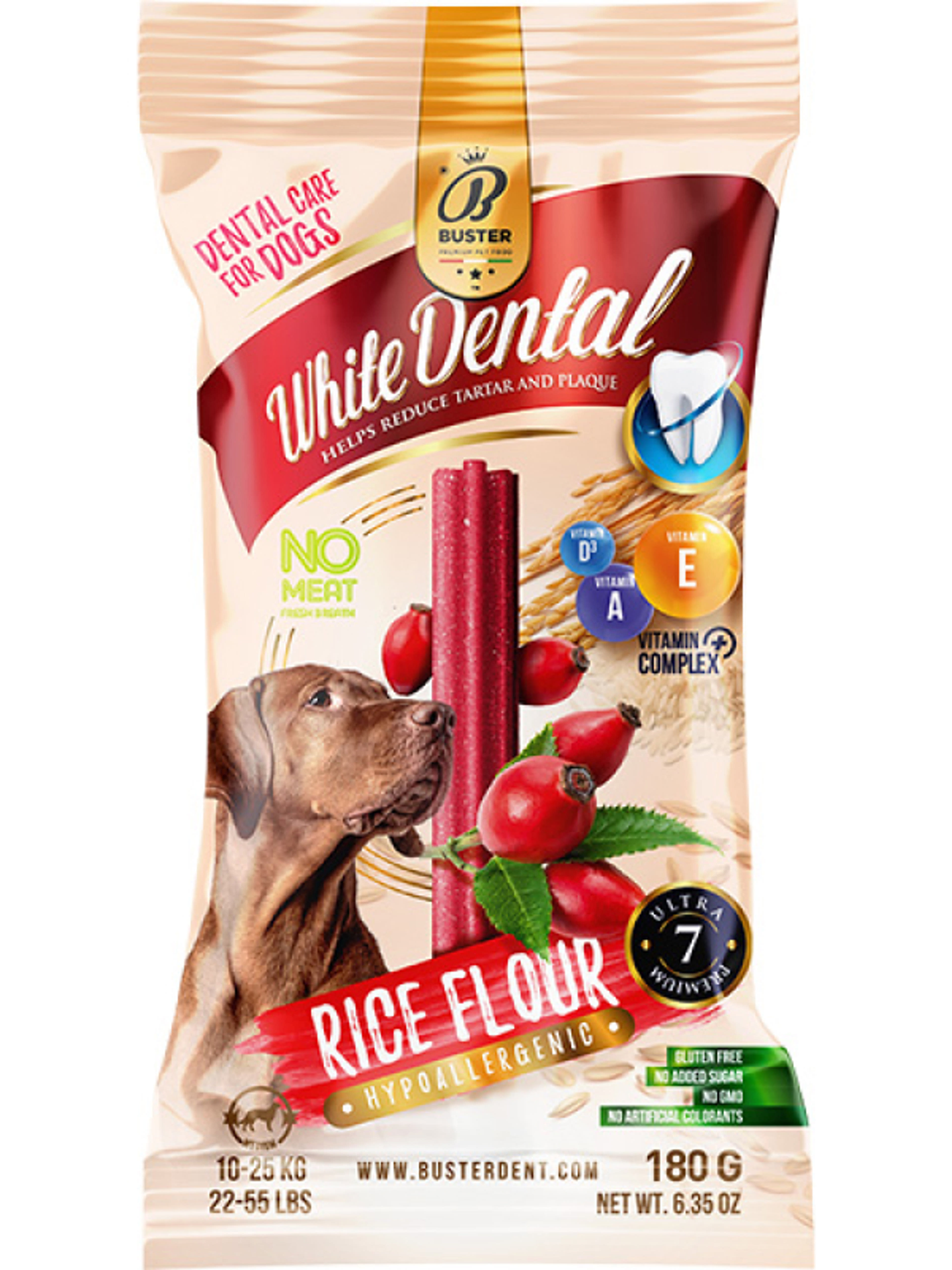 Buster White Dental Sticks rizses jutalomfalat kutyáknak, csipkebogyóval - 180 g-1