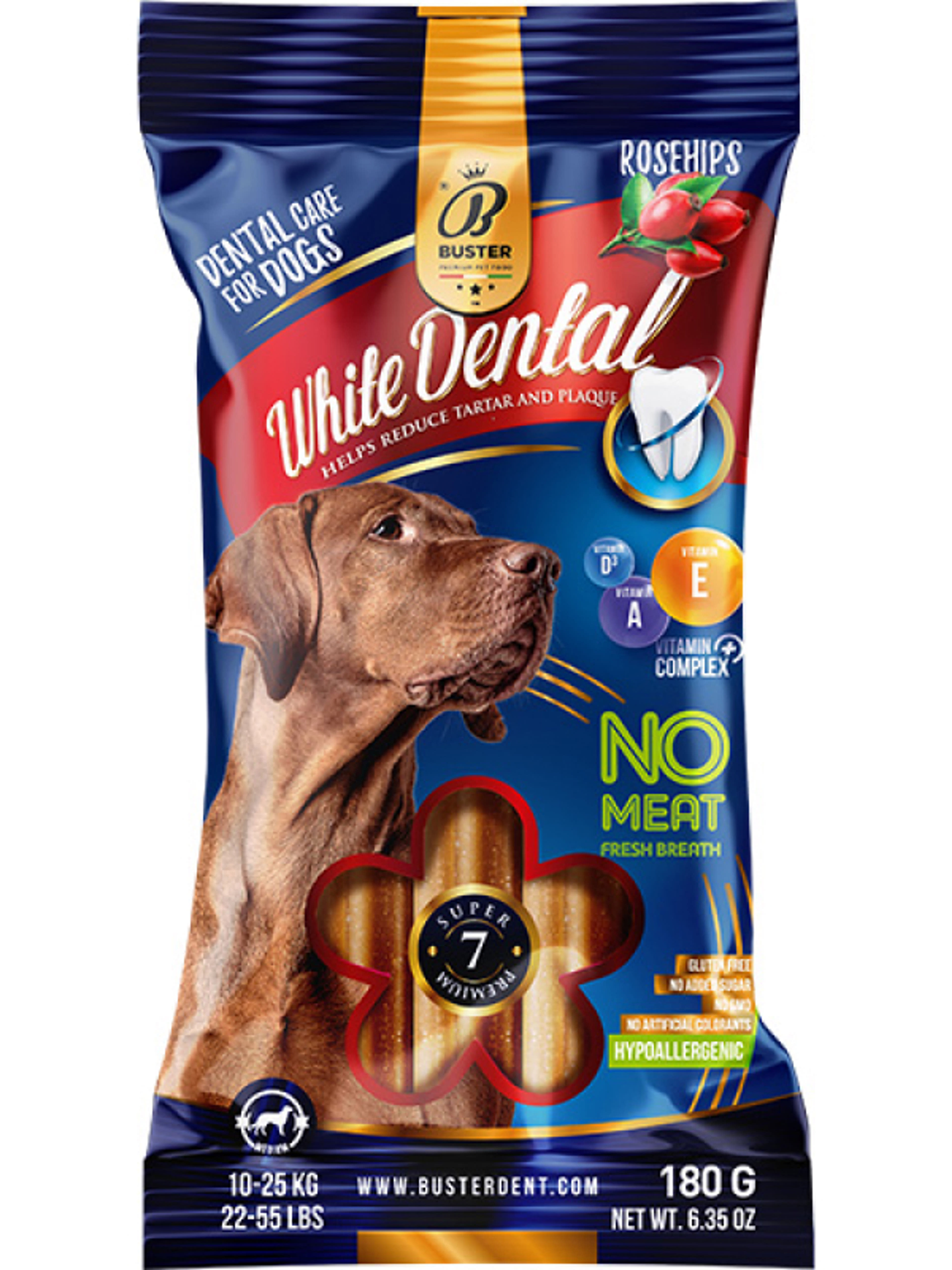 Buster White Dental Sticks kukoricás jutalomfalat kutyáknak, csipkebogyóval - 180 g