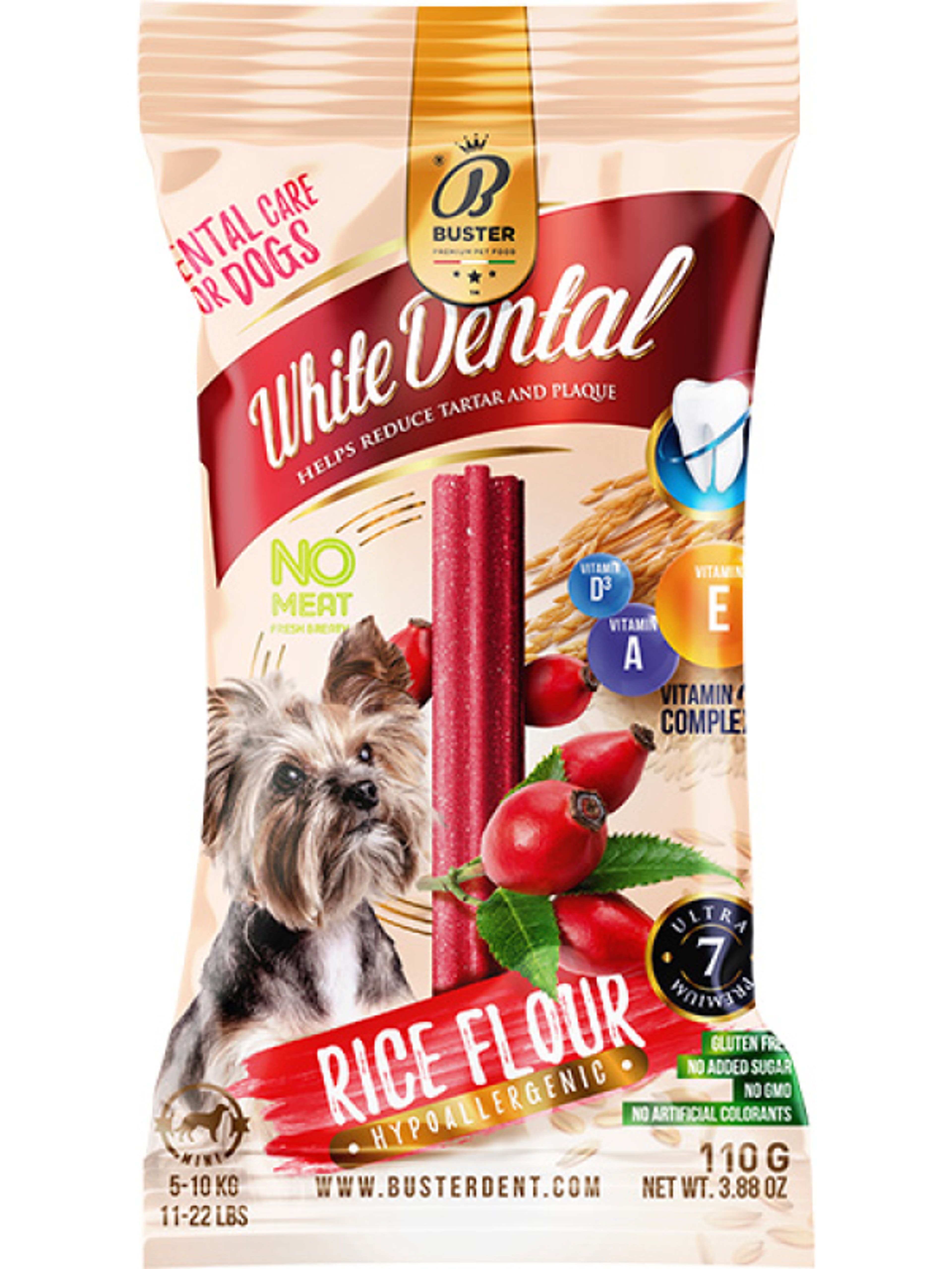 Buster White Dental Sticks rizses jutalomfalat kutyáknak, csipkebogyóval - 110 g