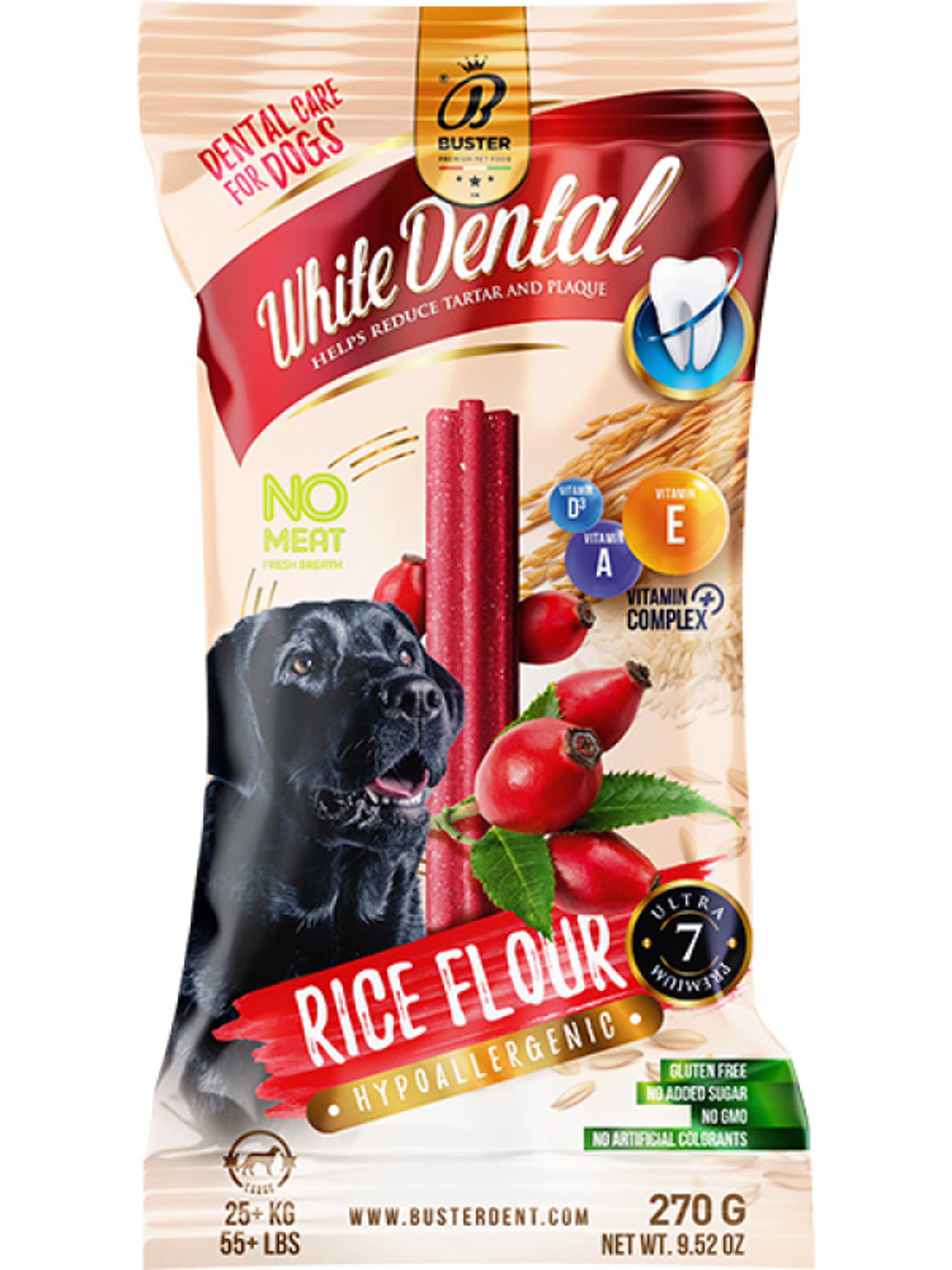 Buster White Dental Sticks rizses jutalomfalat kutyáknak, csipkebogyóval - 270 g