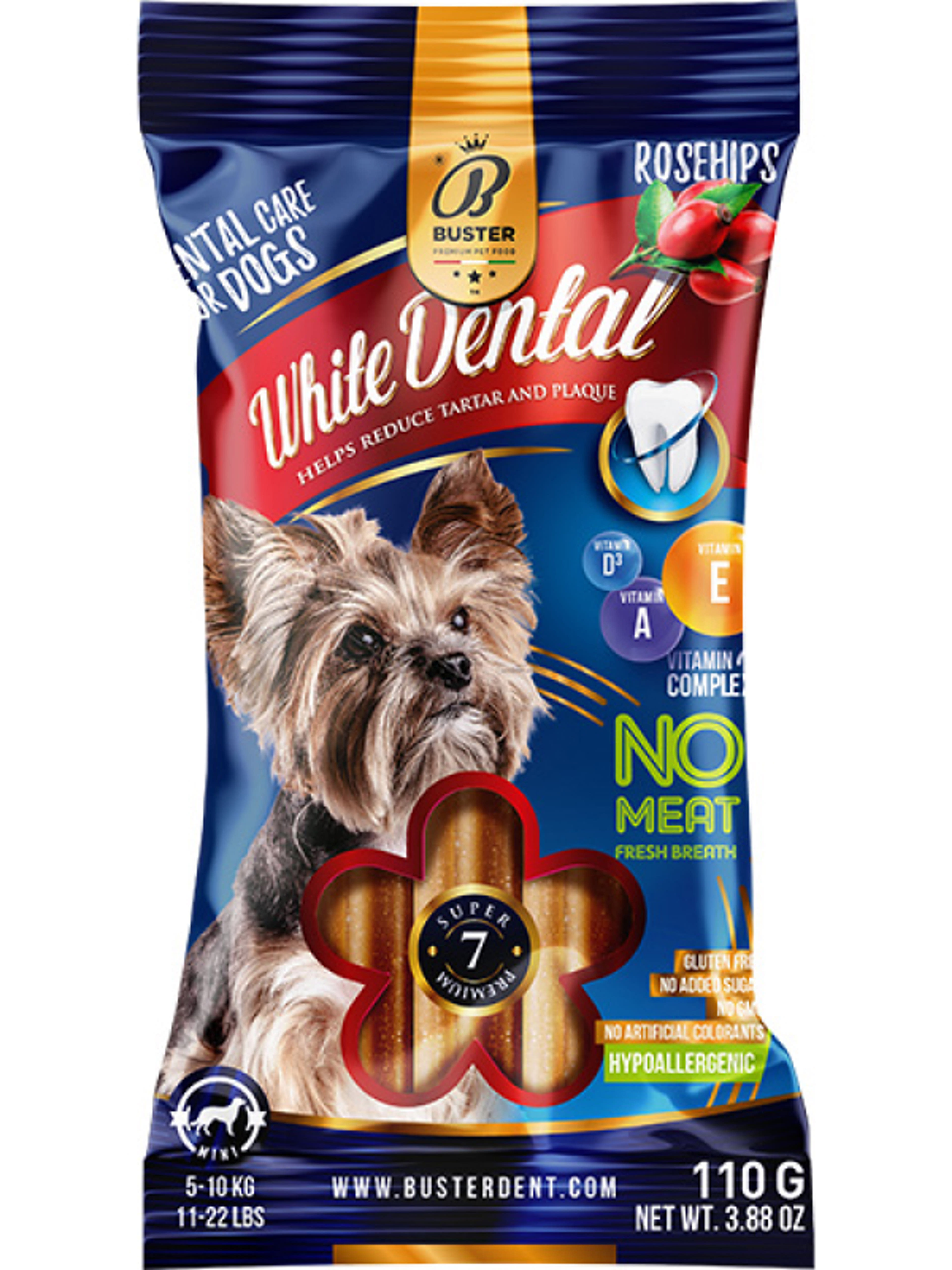 Buster White Dental Sticks kukoricás jutalomfalat kutyáknak, csipkebogyóval - 110 g