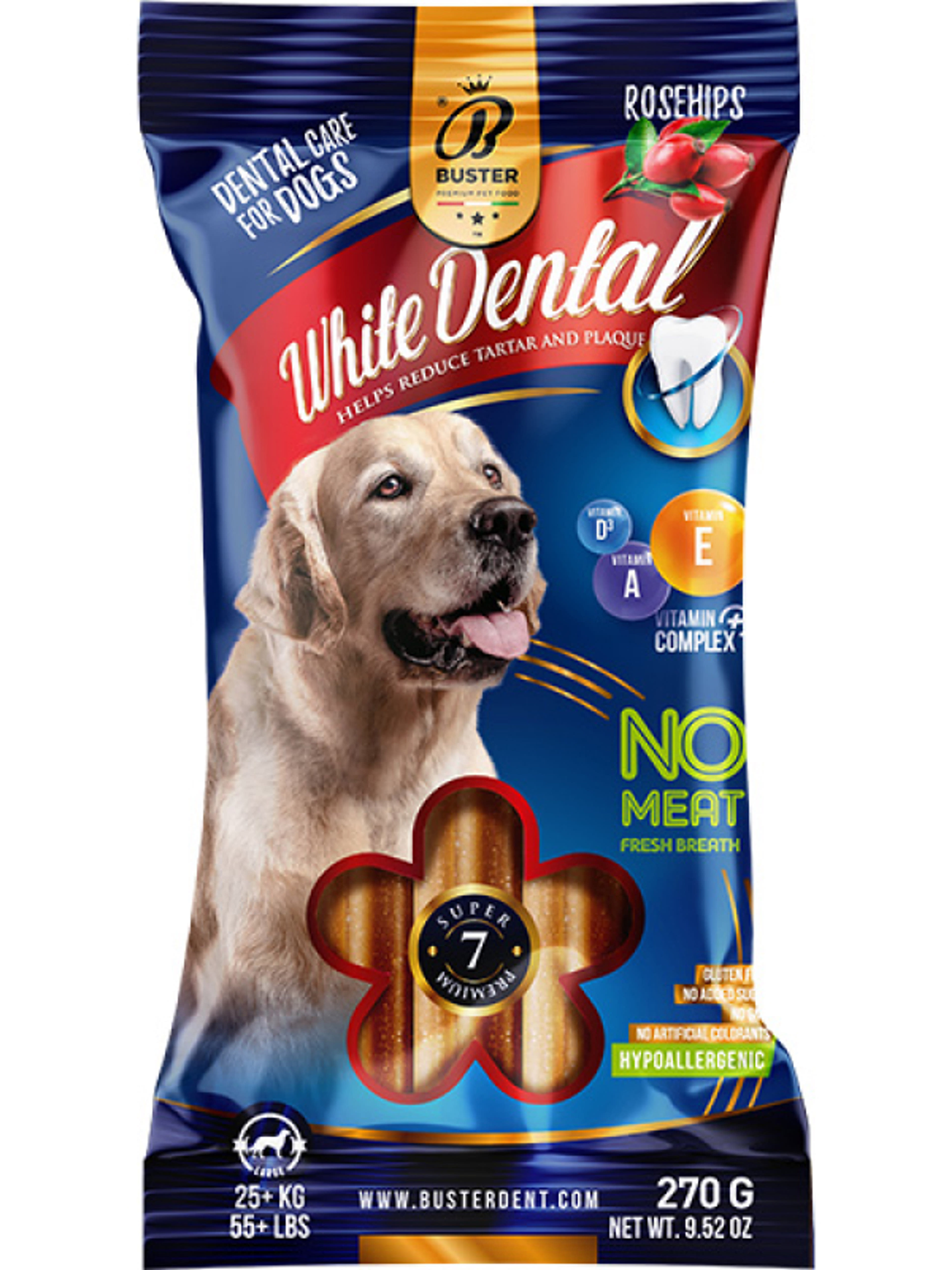 Buster White Dental Sticks kukoricás jutalomfalat kutyáknak, csipkebogyóval - 270 g
