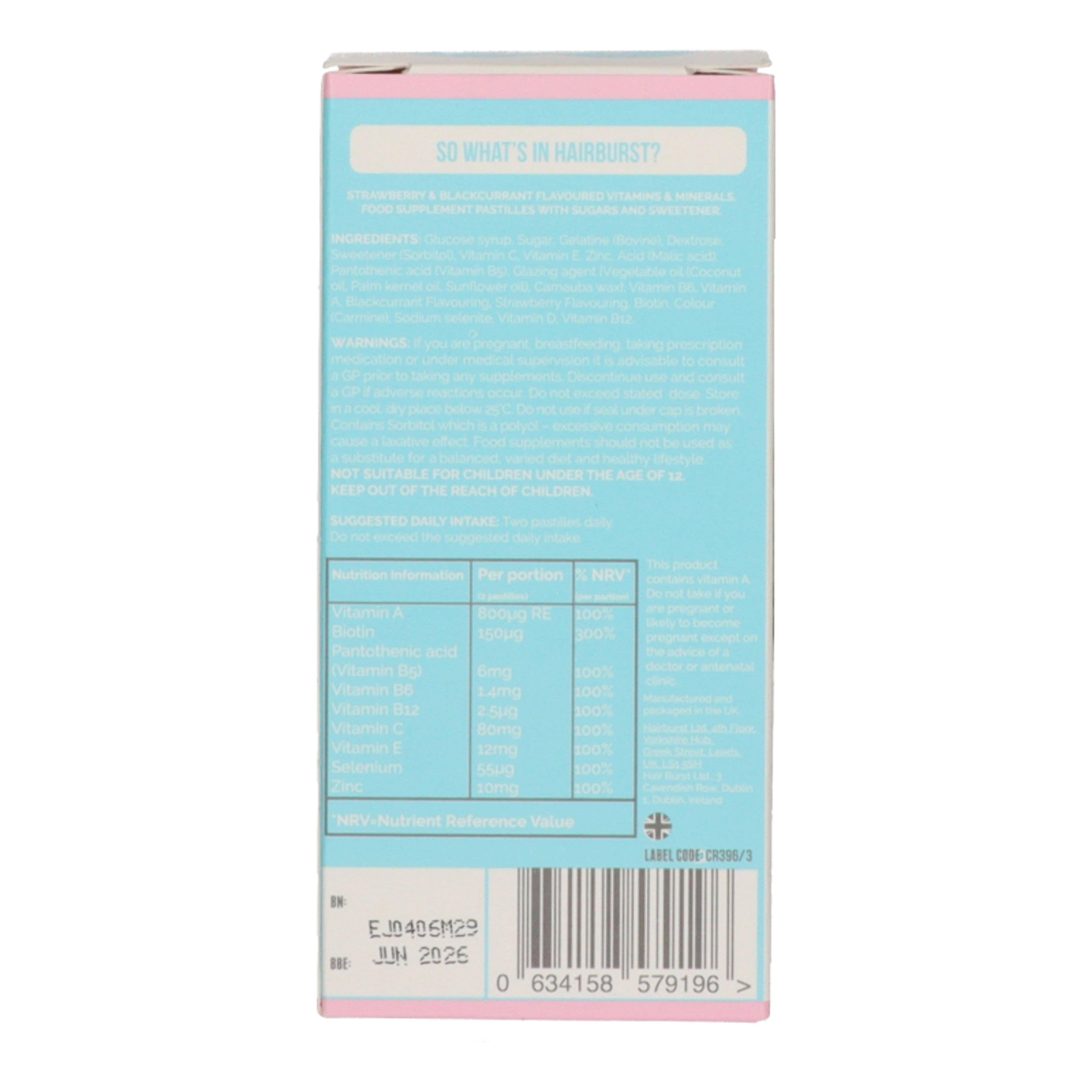 Hairburst étrend-kiegészíto hajvitamin biotinnal, szelénnel és cinkkel eper és feketeribizli ízű - 60 db-3