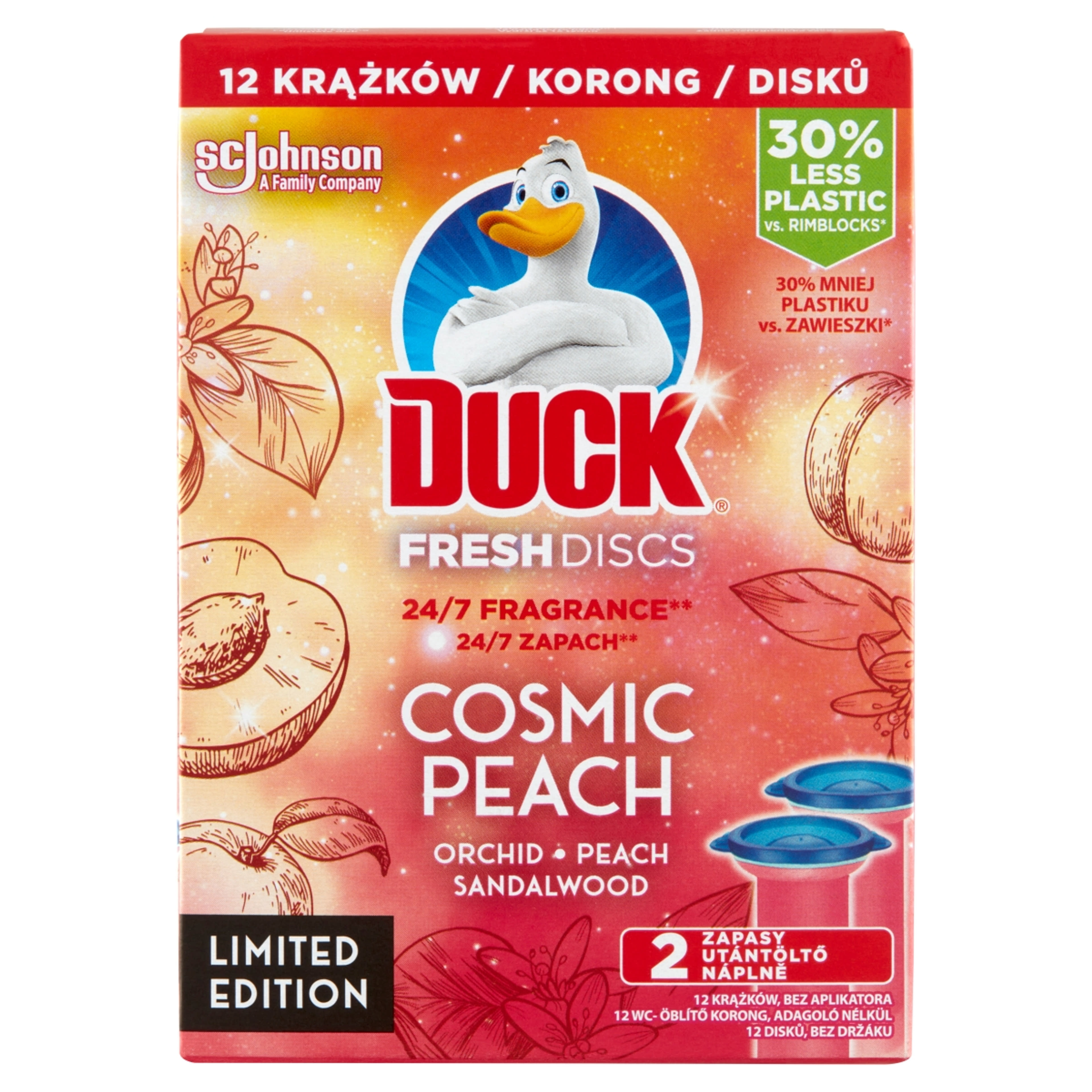 Duck Fresh Cosmic Peach Discs WC-öblítő korong utántöltő 2 db - 72 g