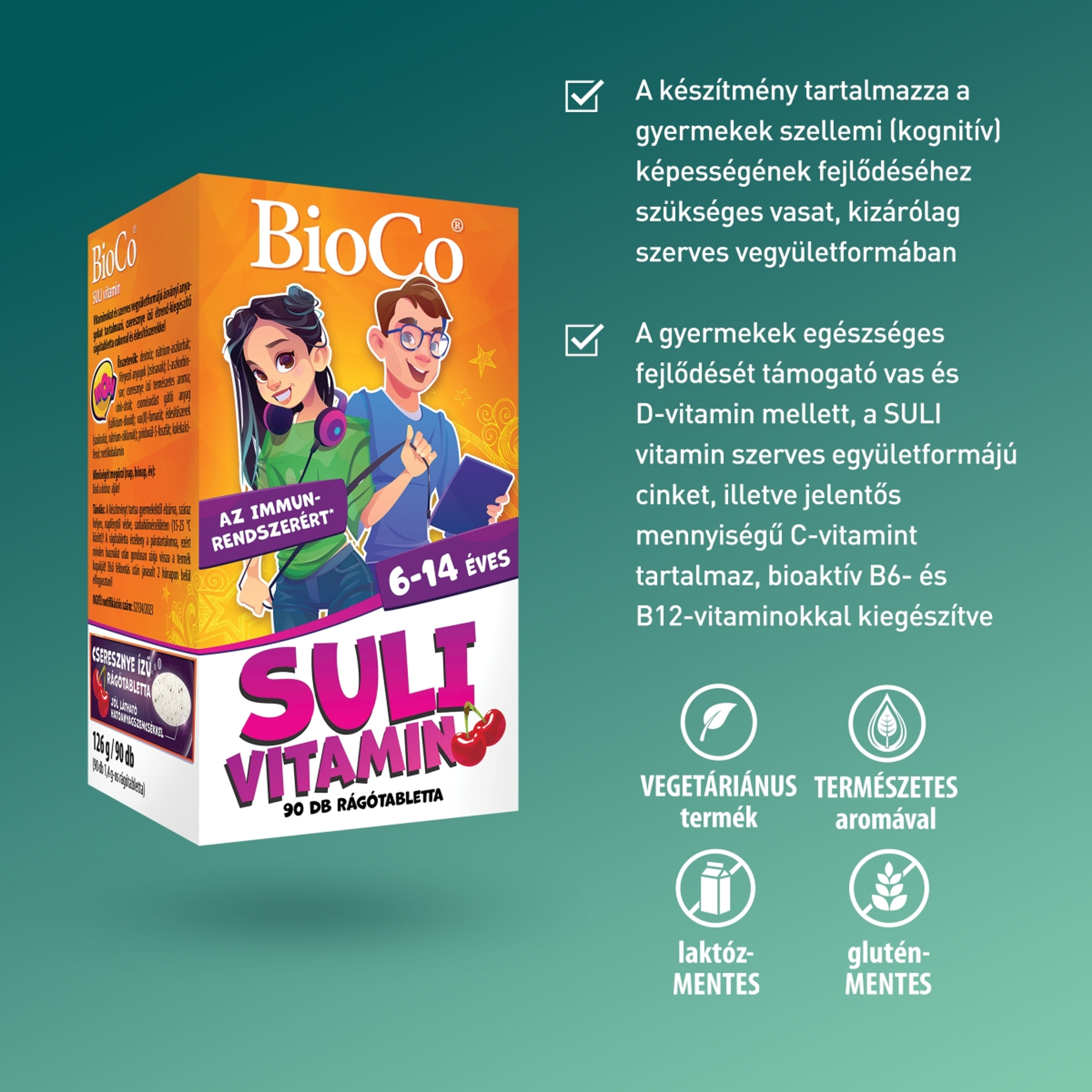 BioCo Suli vitamin étrend-kiegészítő rágótabletta cseresznye ízű 6-14 éveseknek - 90 db-4
