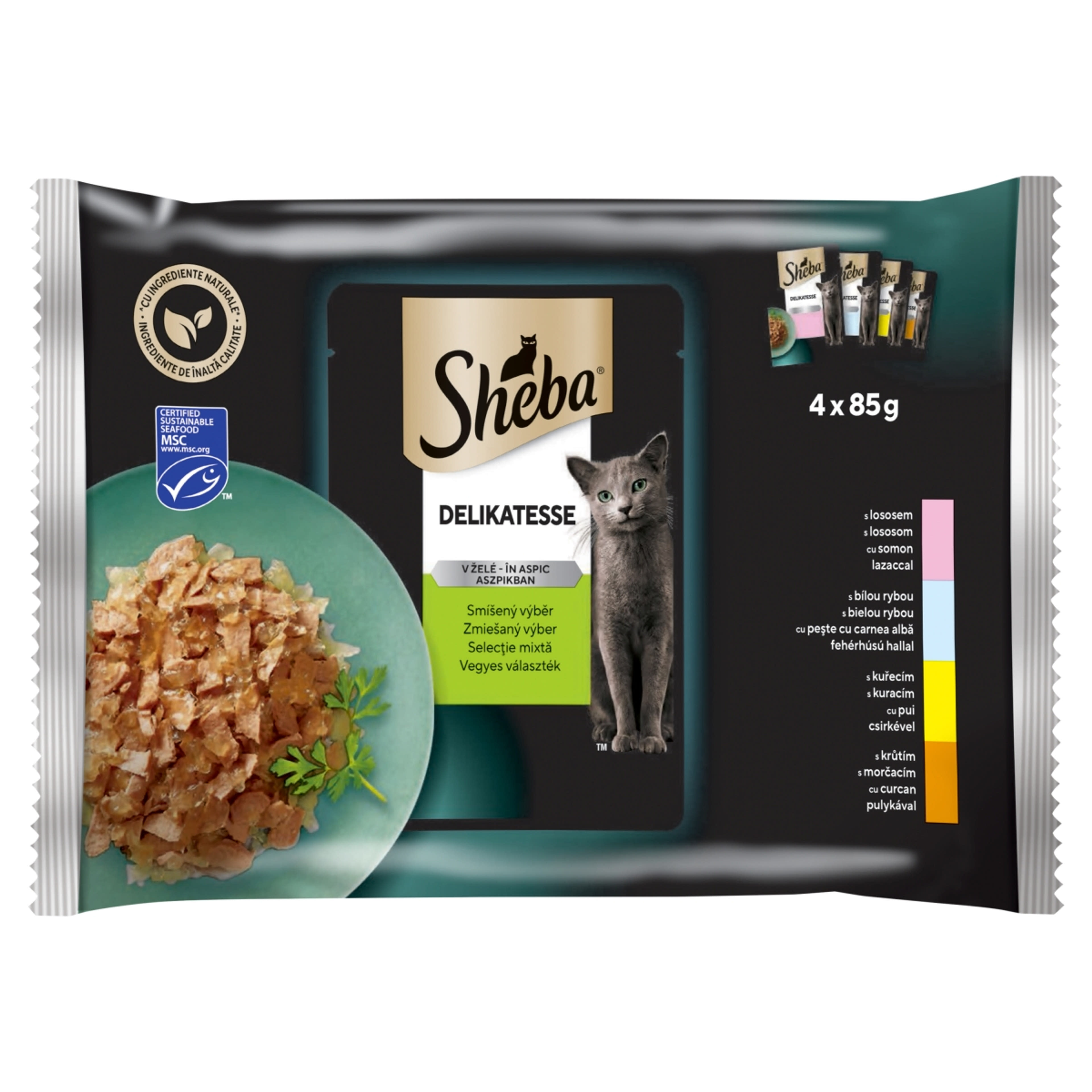 Sheba Delicatesse teljes értékű nedves eledel felnőtt macskáknak vegyes választék 4 x 85 g - 340 g
