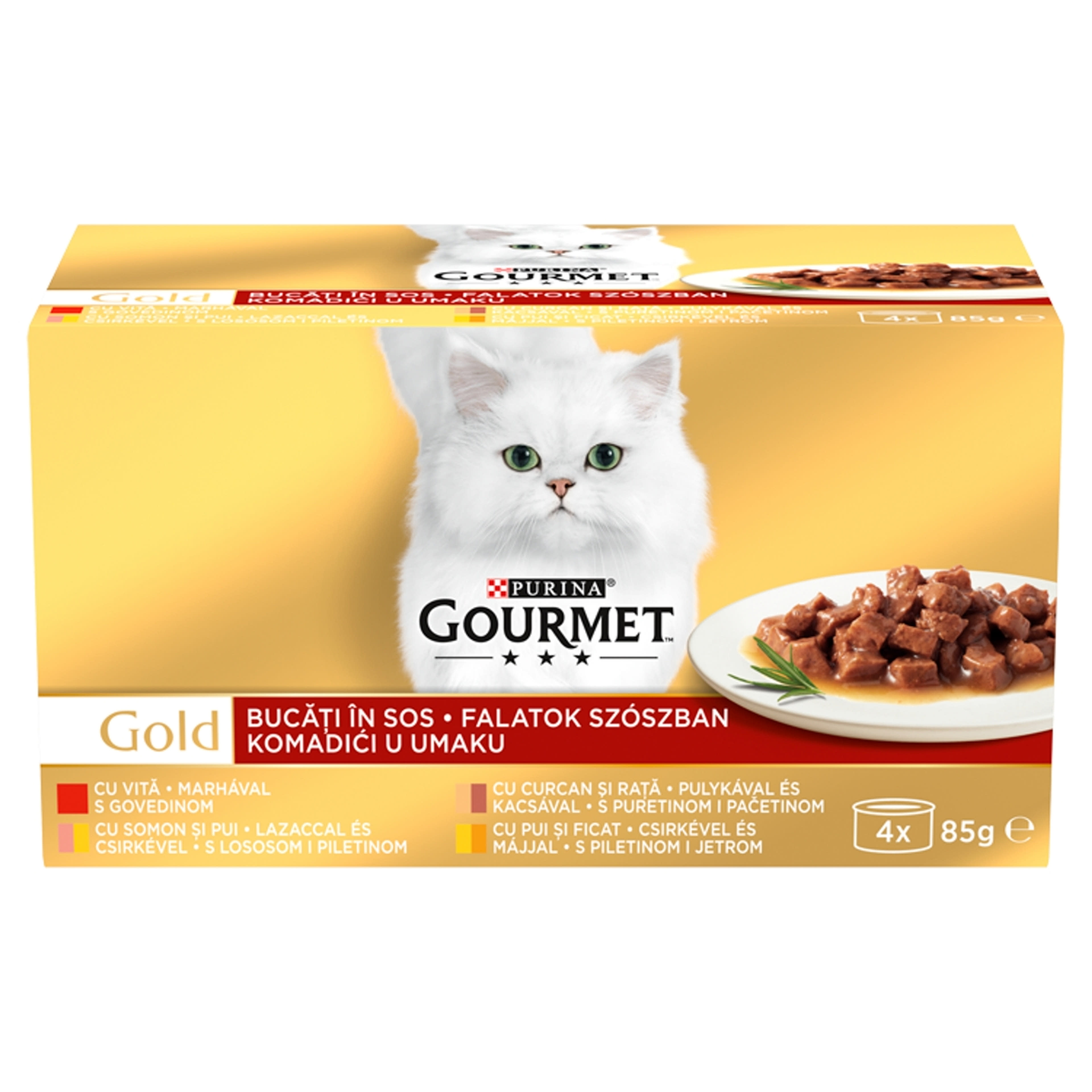 Gourmet Gold felnőtt teljes értékű konzerv macskáknak, falatok szószban 4 ízben (4x85 g) - 340 g-1
