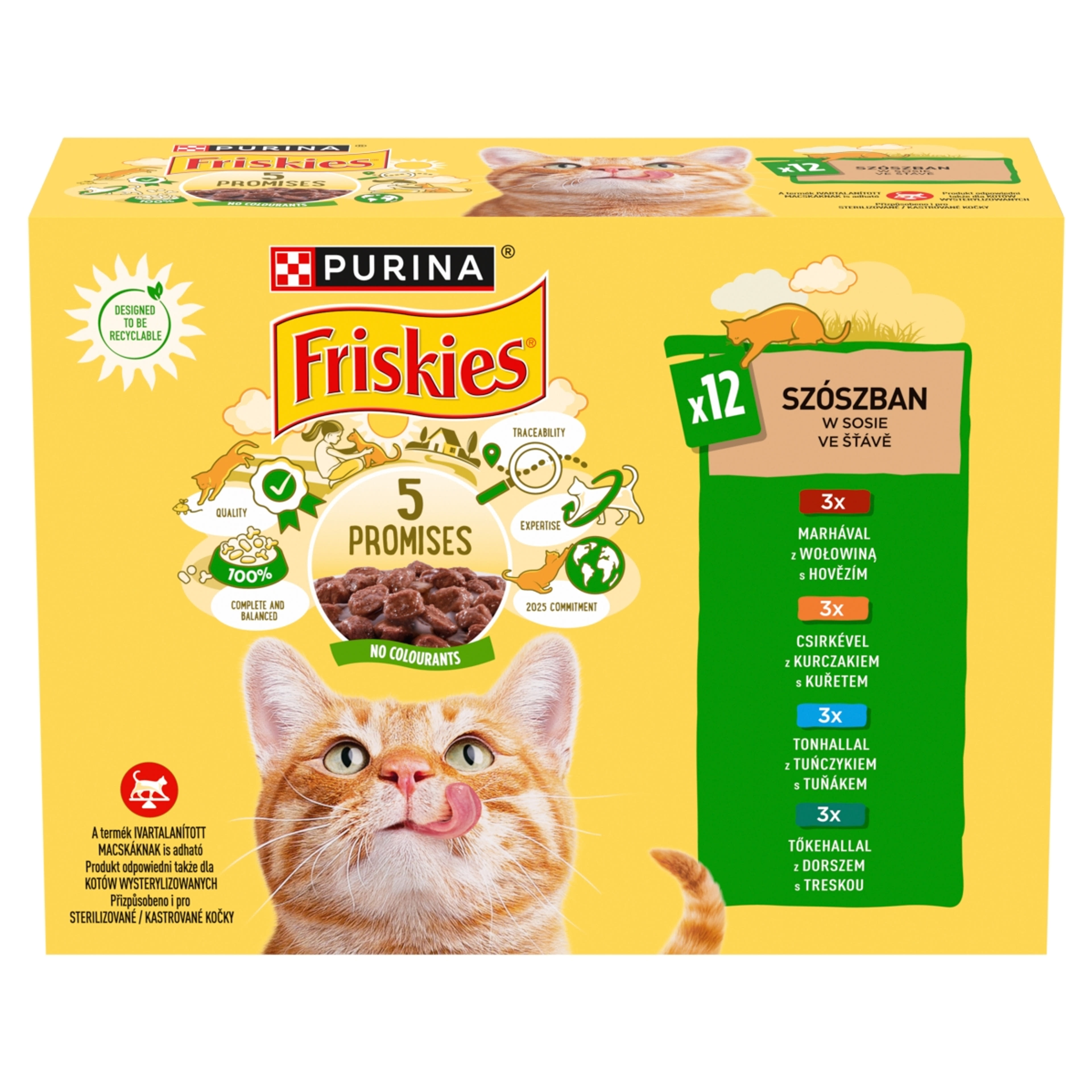 Friskies szószban marhával/csirkével/tonhallal/tőkehallal macskaeledel 12 x 85 g - 1020 g)