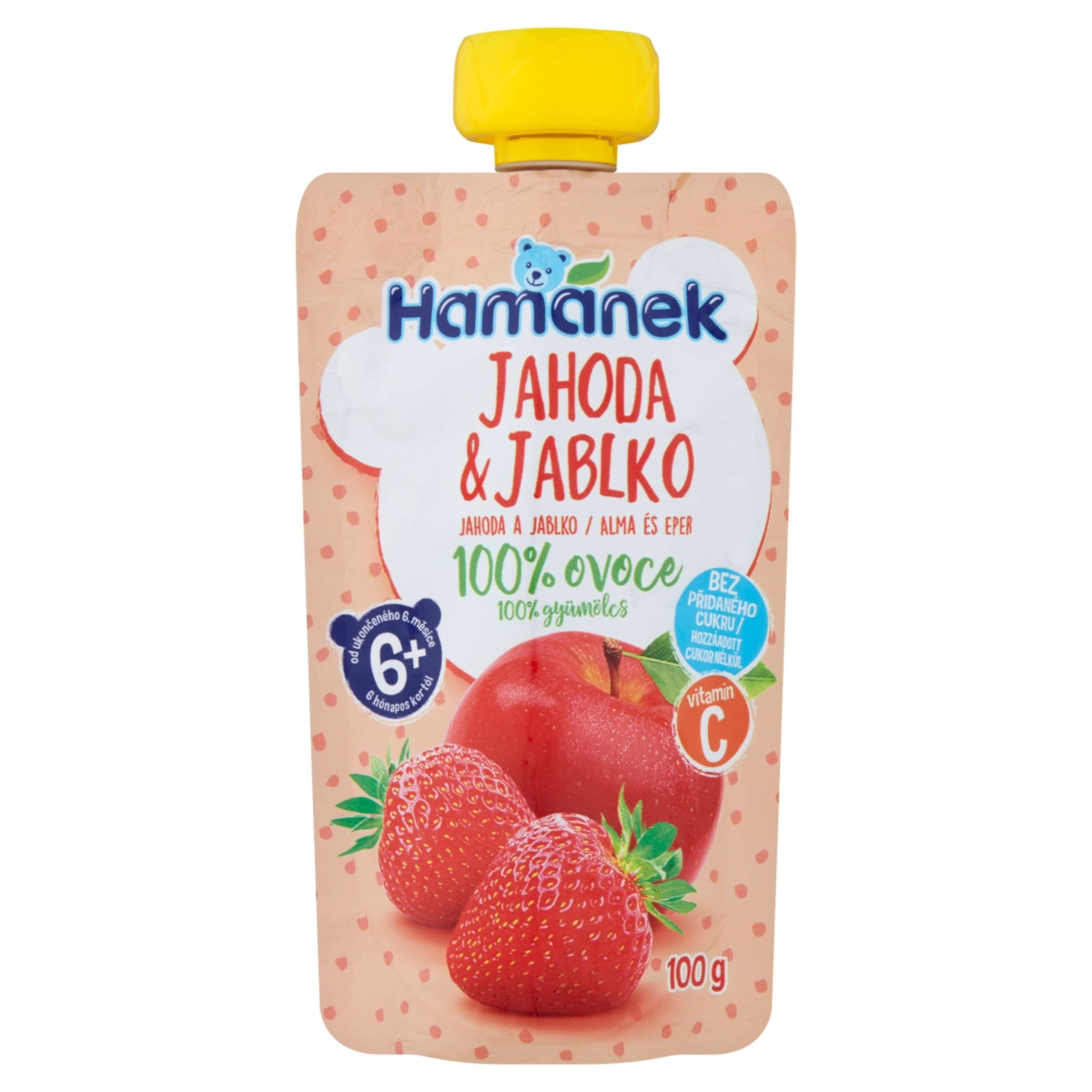 Hamánek gyümölcspüré alma,eper 6 hónapos kortól - 100 g-1