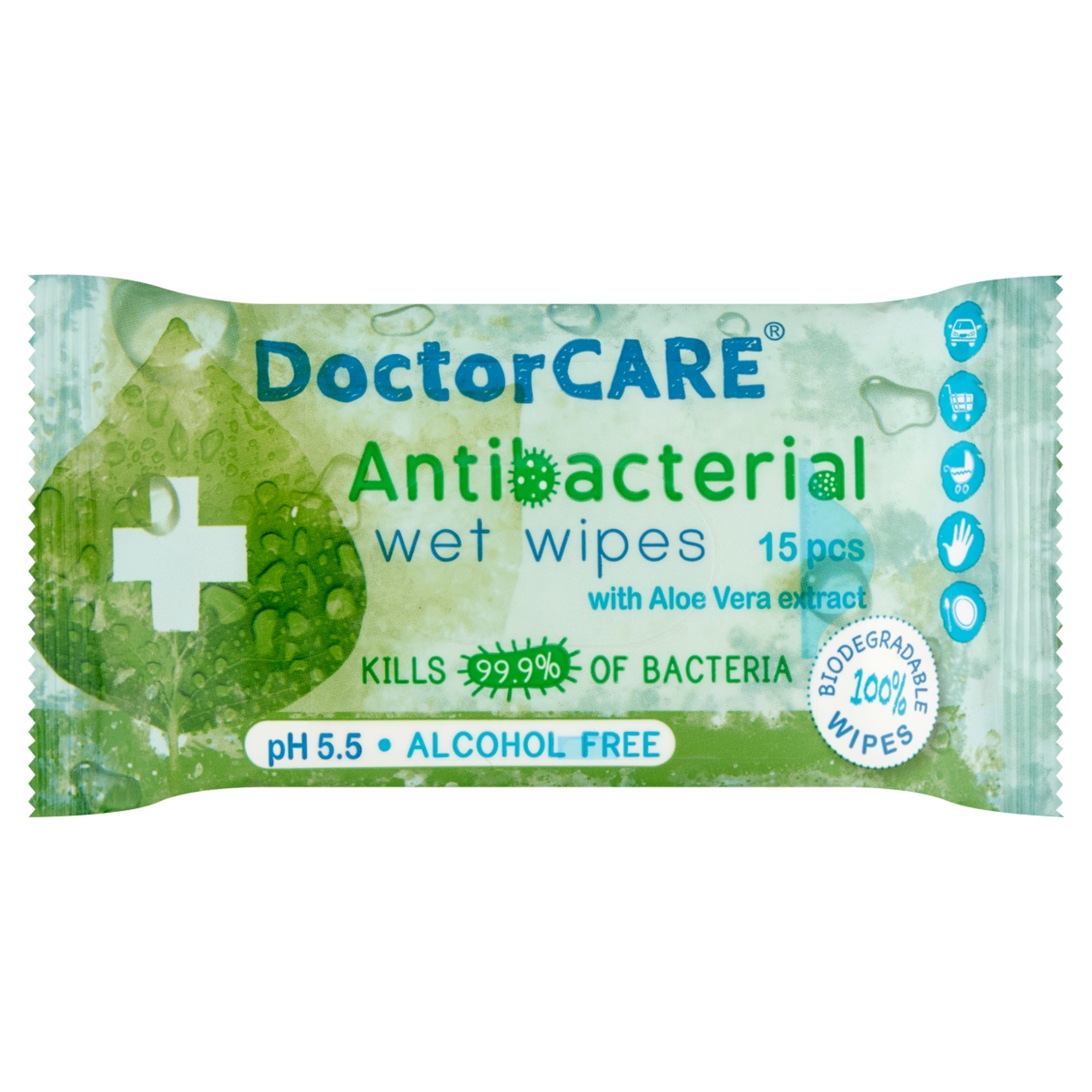 Doctor Care ntibakteriális nedves törlőkendő, aloe vera kivonattal (5x15 db) - 75 db