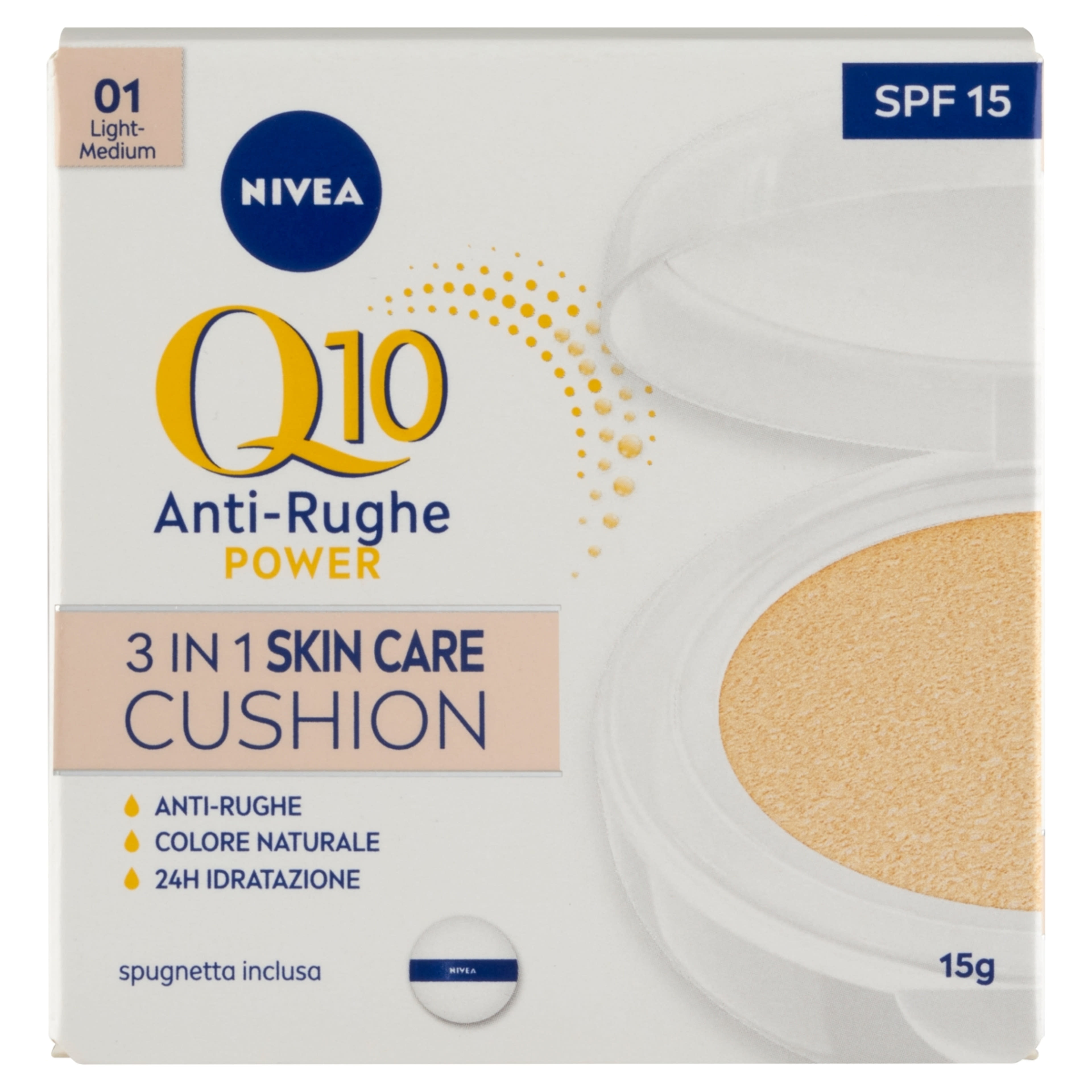 Nivea Q10 Anti-Rughe Power Cushion 3 az 1-ben színezett bőrápoló világos árnyalat - 15 g-1