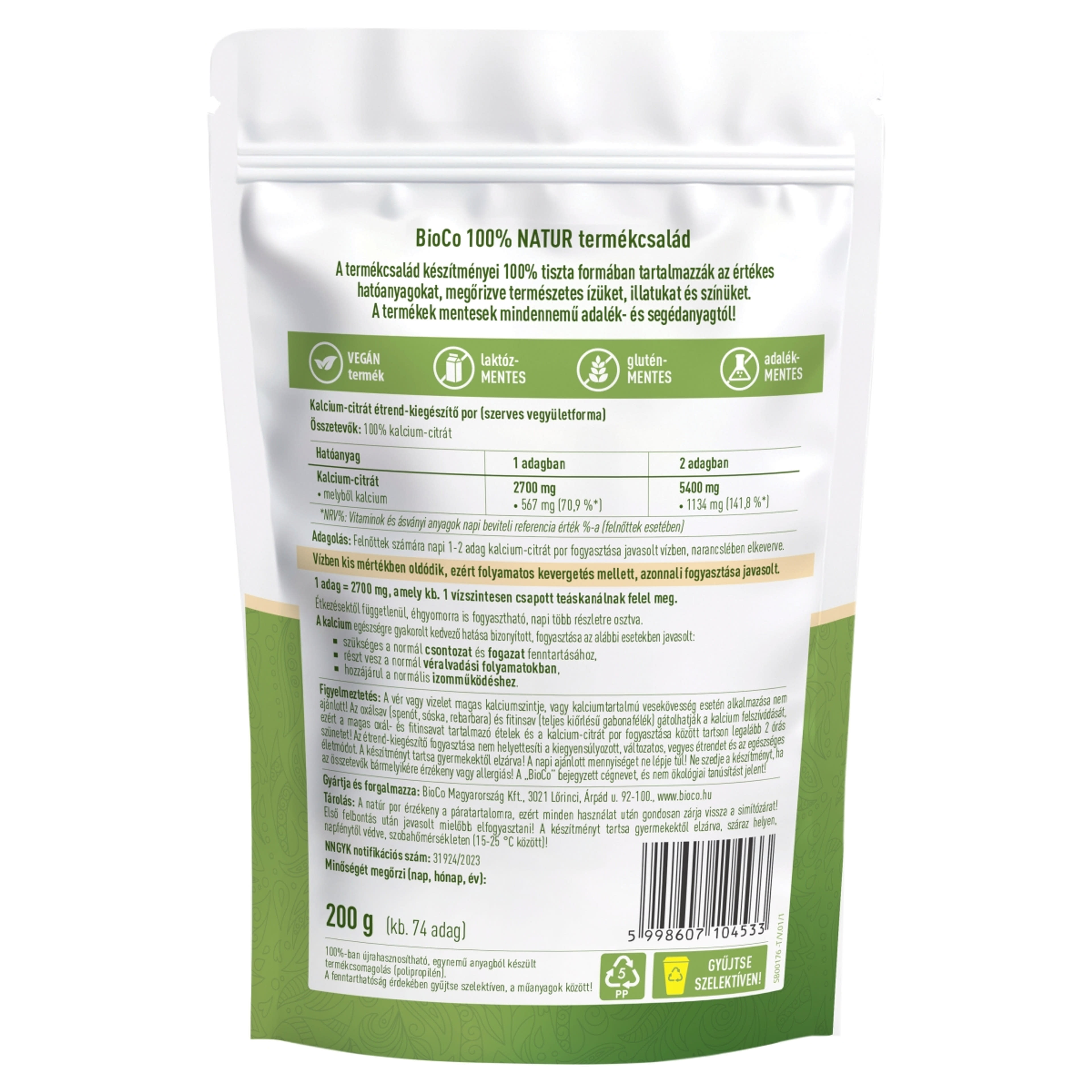 BioCo 100% Natur szerves kalcium-citrát tasakos por - 200 g-2