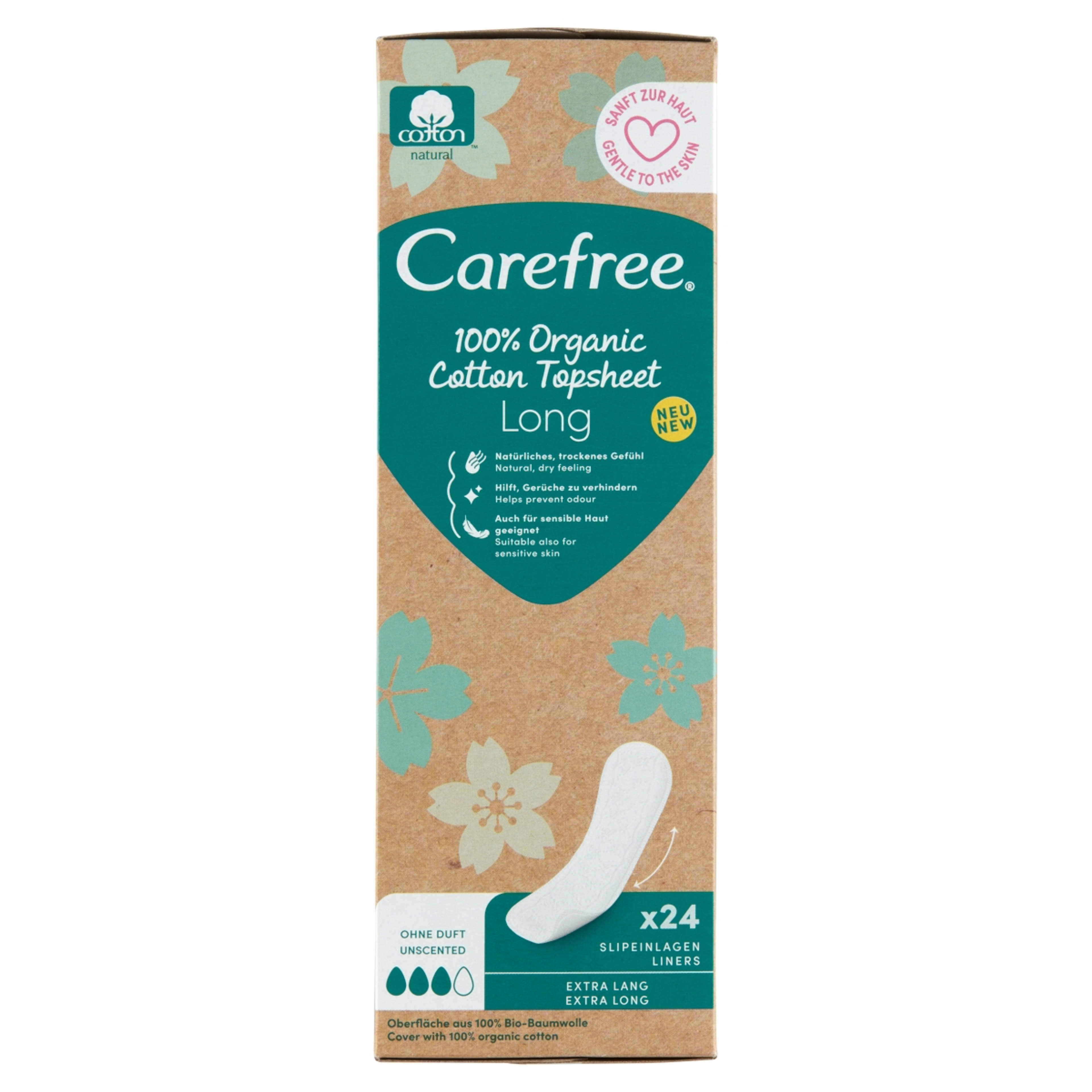 Carefree 100% Organic Cotton Topsheet Long tisztasági betét illatmentes - 24 db