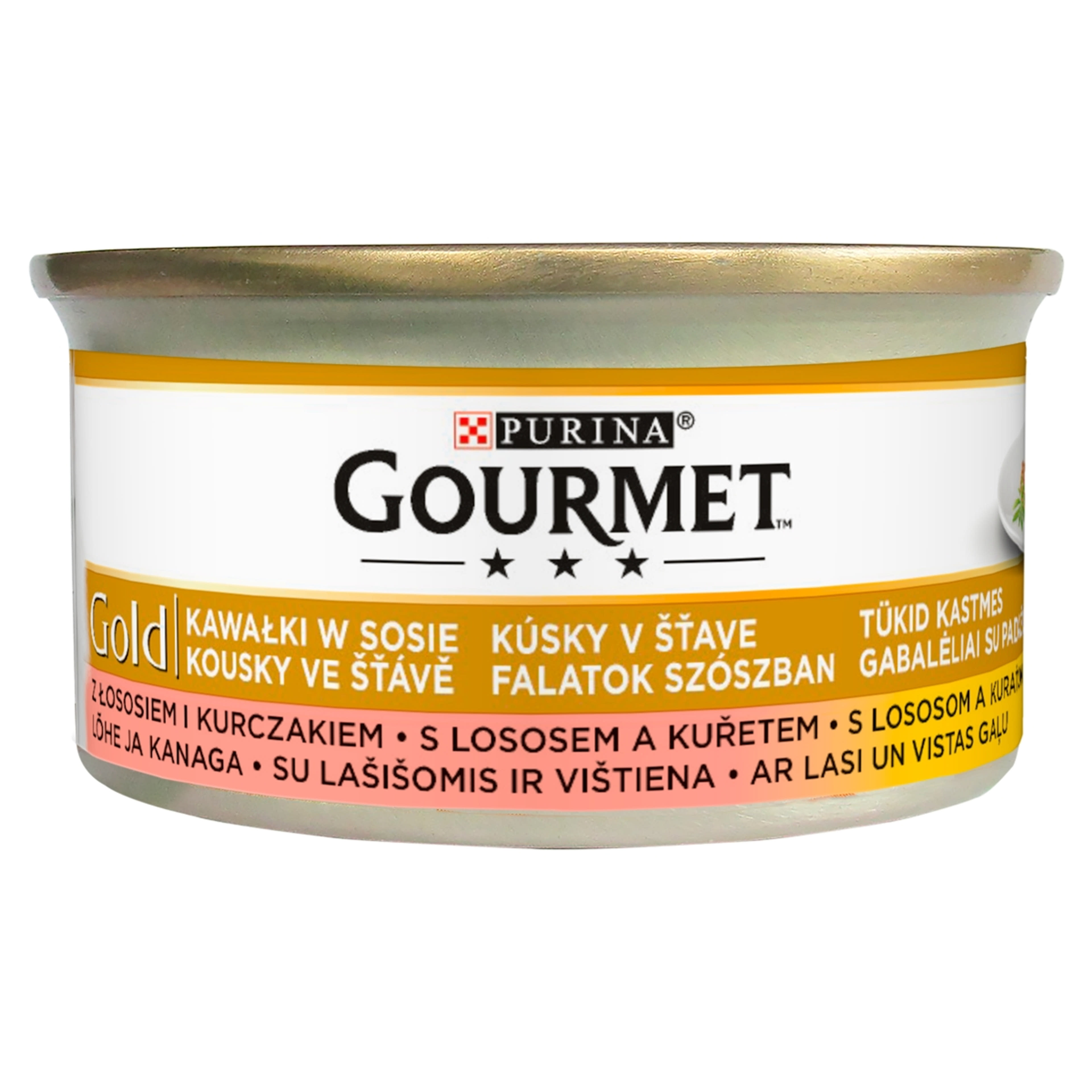 Gourmet Gold felnőtt teljes értékű konzerv macskáknak, lazac és csirke falatok szószban - 85 g-1