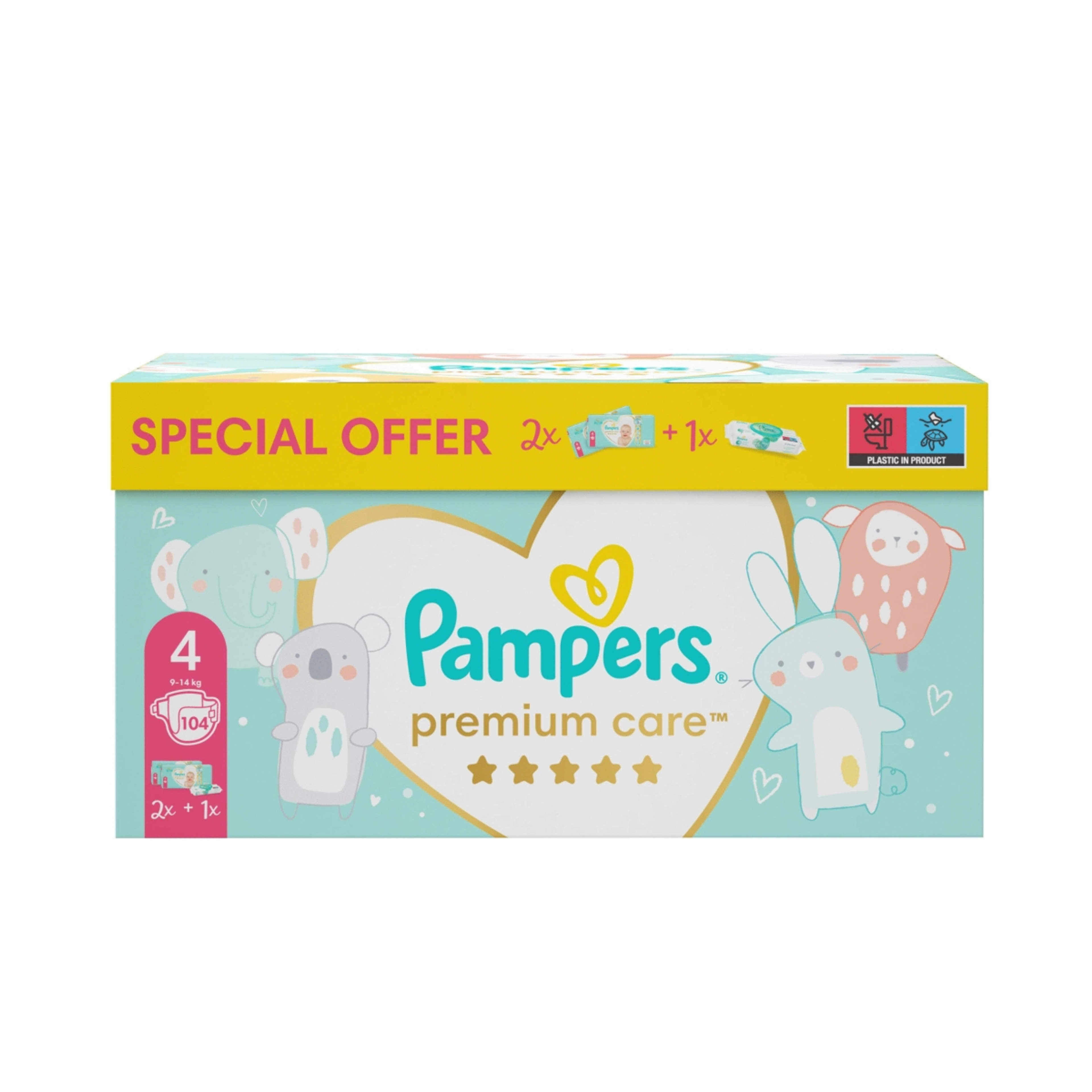 Pampers Premium Care Nappy pelenka 4-es méret 2x52 db, 9kg-14kg + törlőkendővel - 1 db
