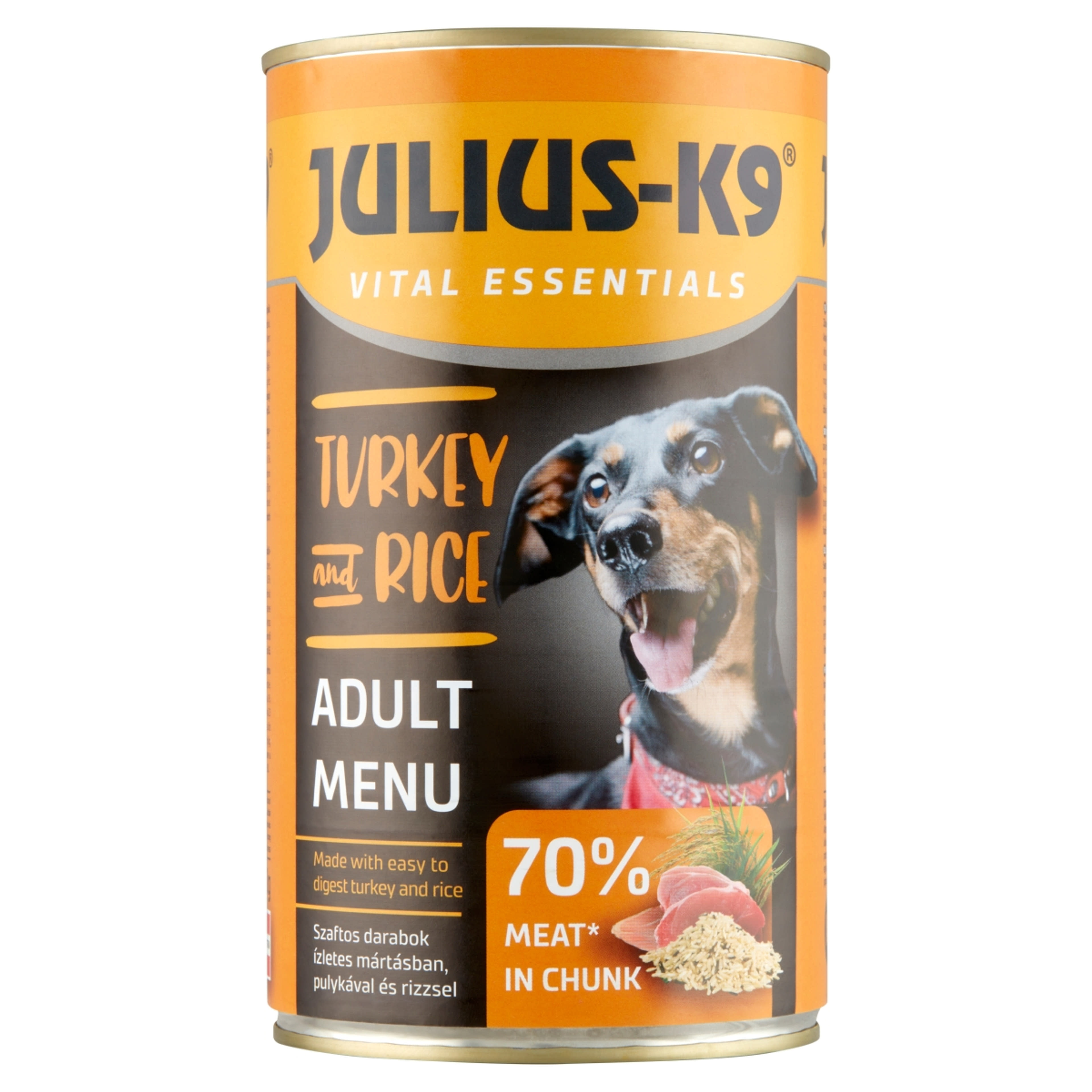 Julius K-9 Vital Essentials konzerv felnőtt kutyák részére pulykával és rizzsel - 1240 g