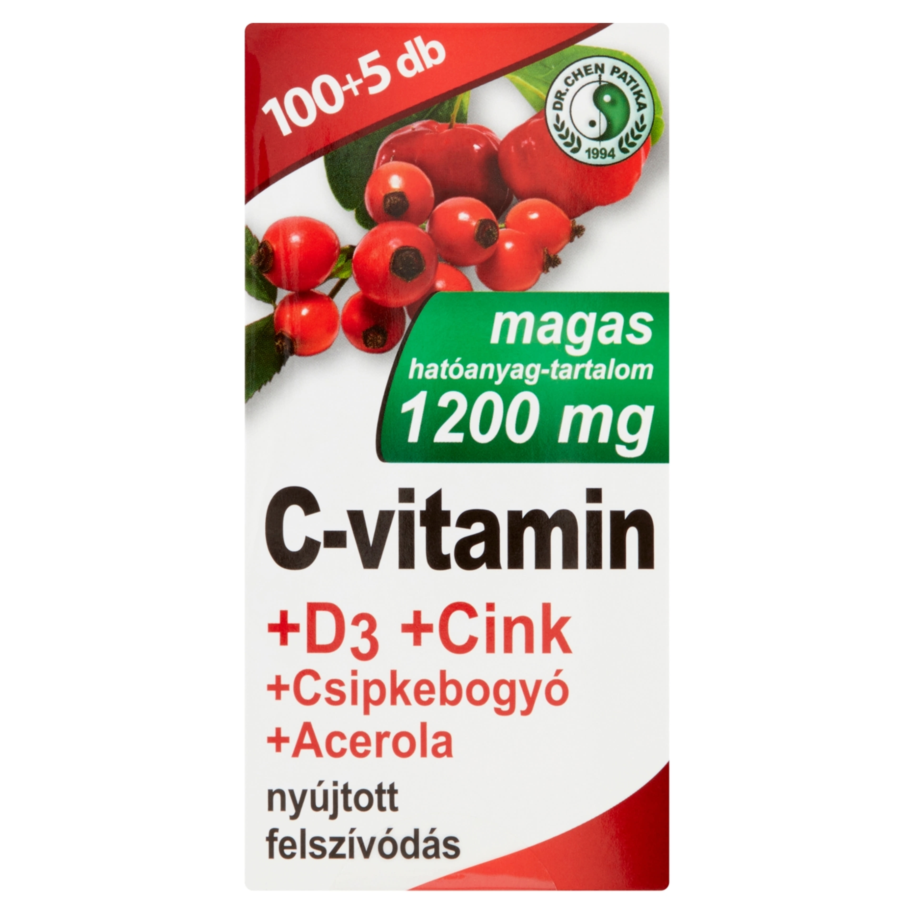 Dr.Chen Patika C-Vitamin 1200mg+ D3+ Cink +Csipkebogyó+ Acerola Nyújtott Hatású Filmtabletta - 105 db