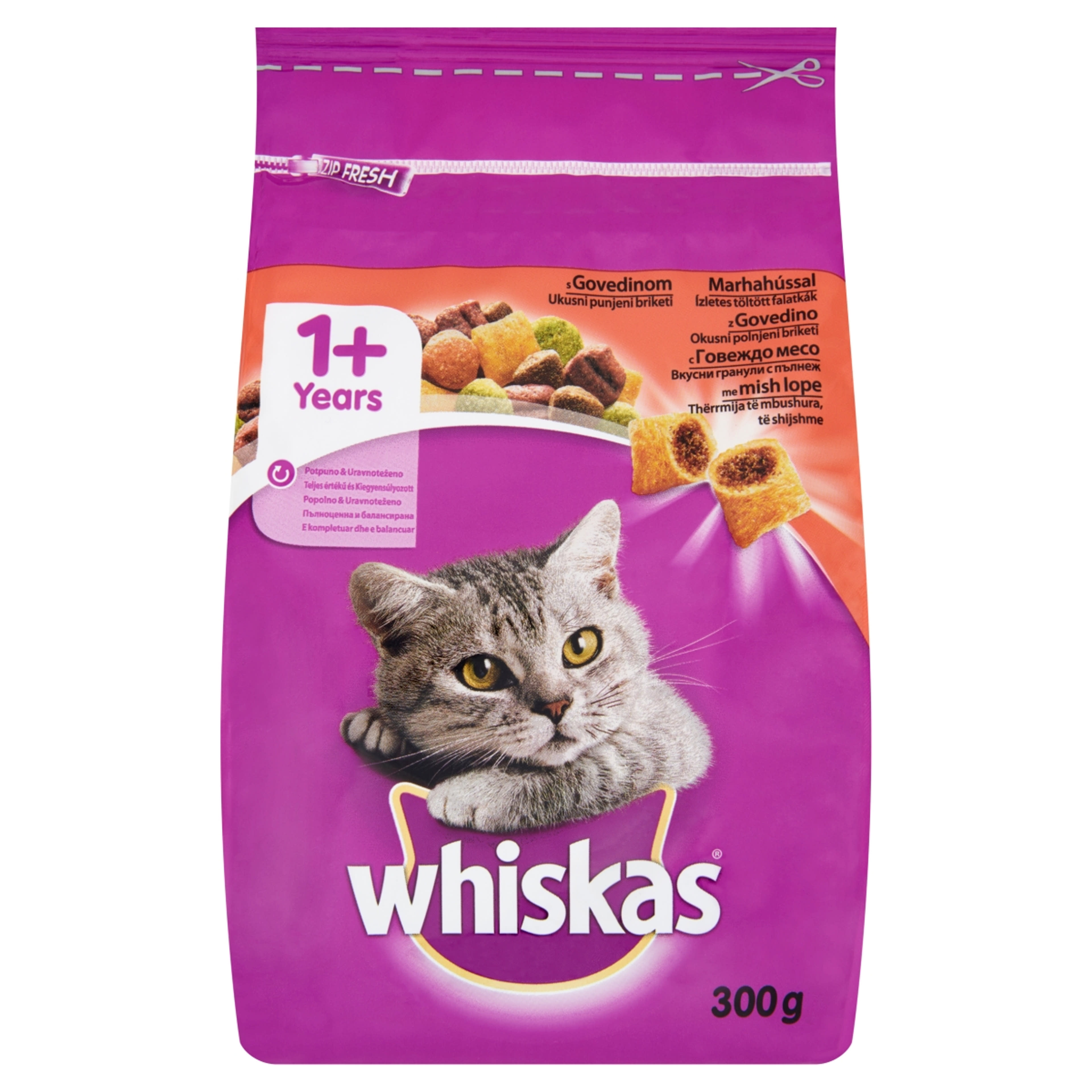 Whiskas felnőtt teljes értékű szárazeledel macskáknak, marhahússal és májas falatkákkal - 300 g