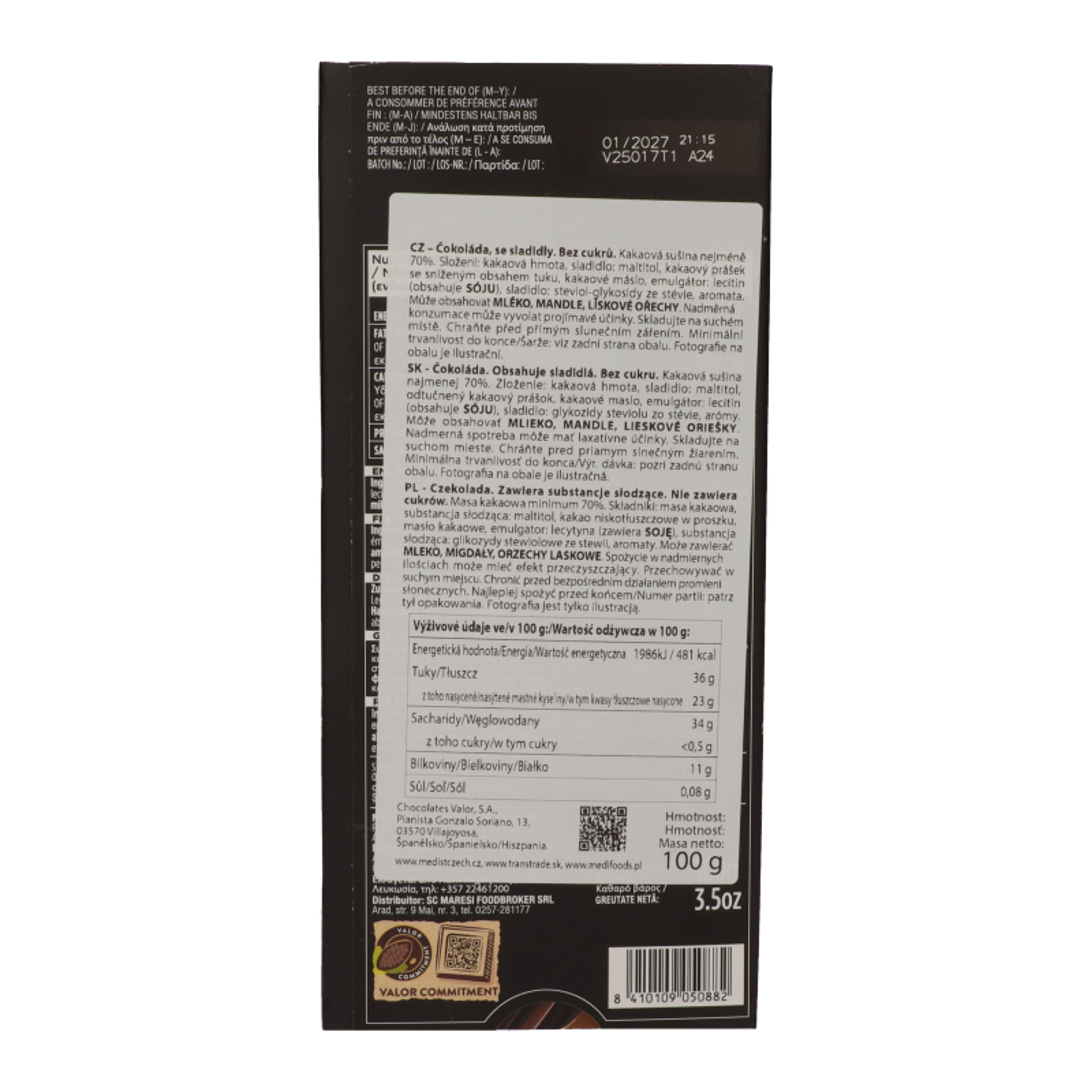 Valor étcskoládé 70% édesítőszerekkel - 100 g-4