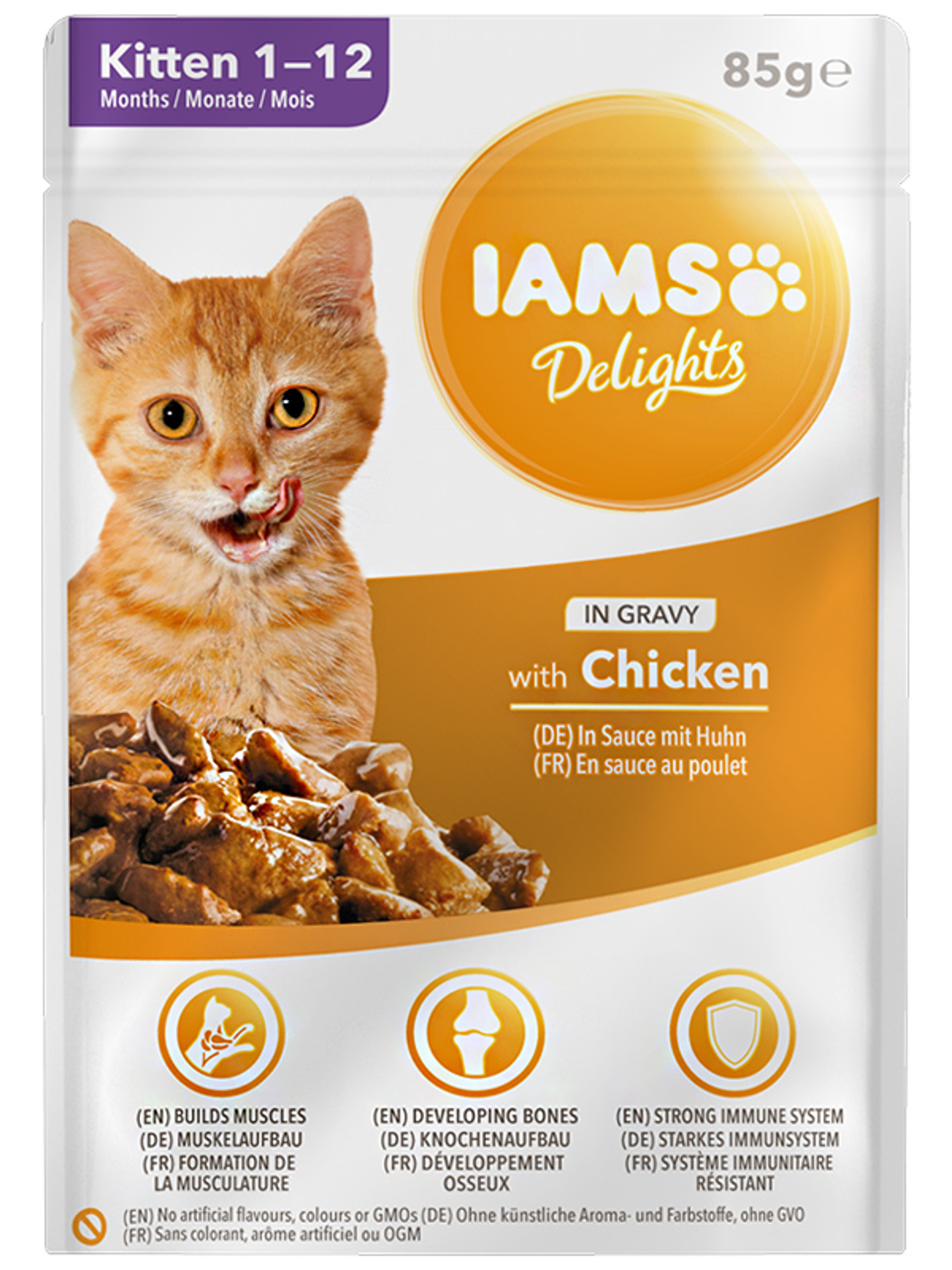 IAMS Delights Kitten alutasak macskáknak, csirkefalatok szószban - 85 g
