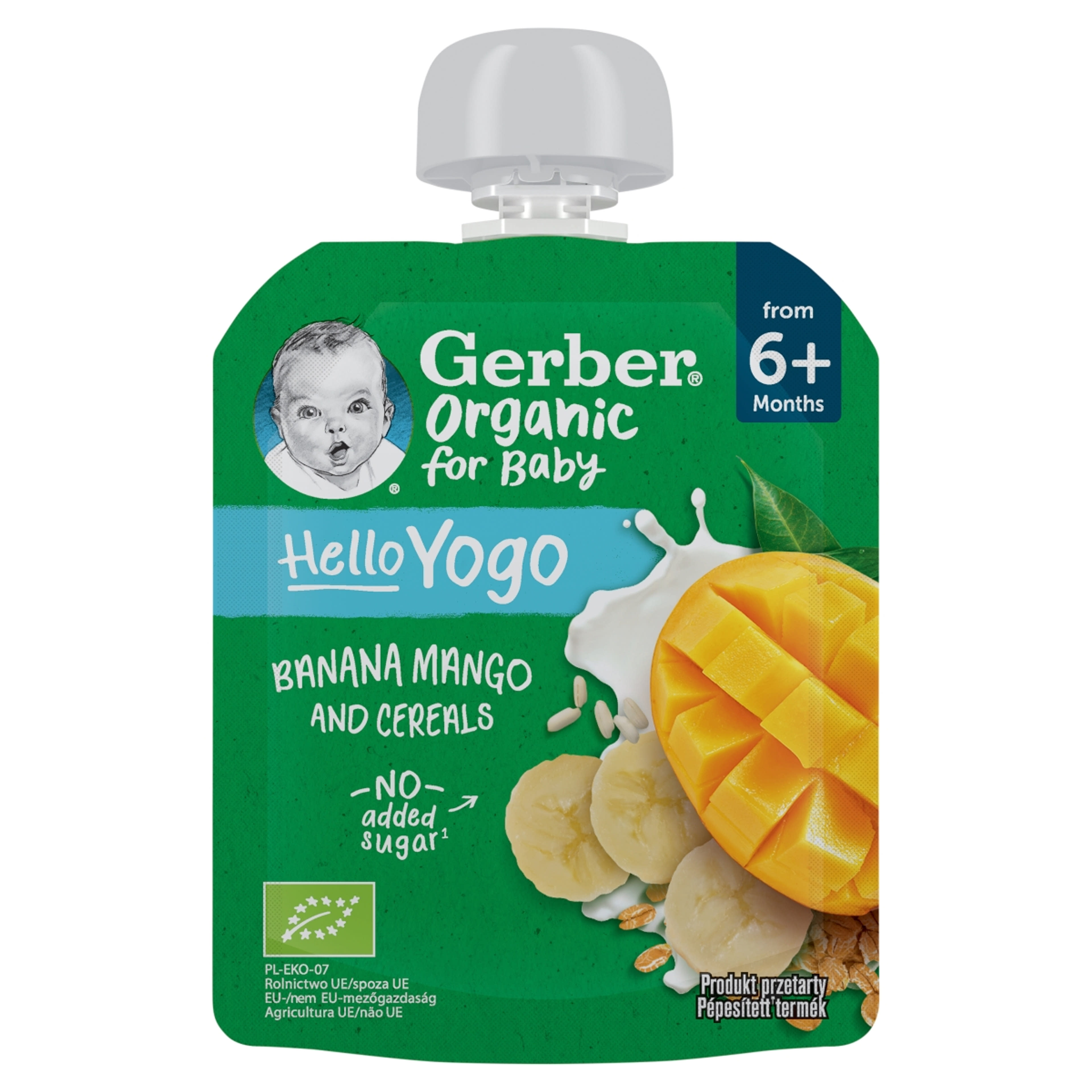 Gerber Organic for Baby Hello Yogo bio banán-mangó gyümölcspüré gabonával 6 hónapos kortól - 80 g