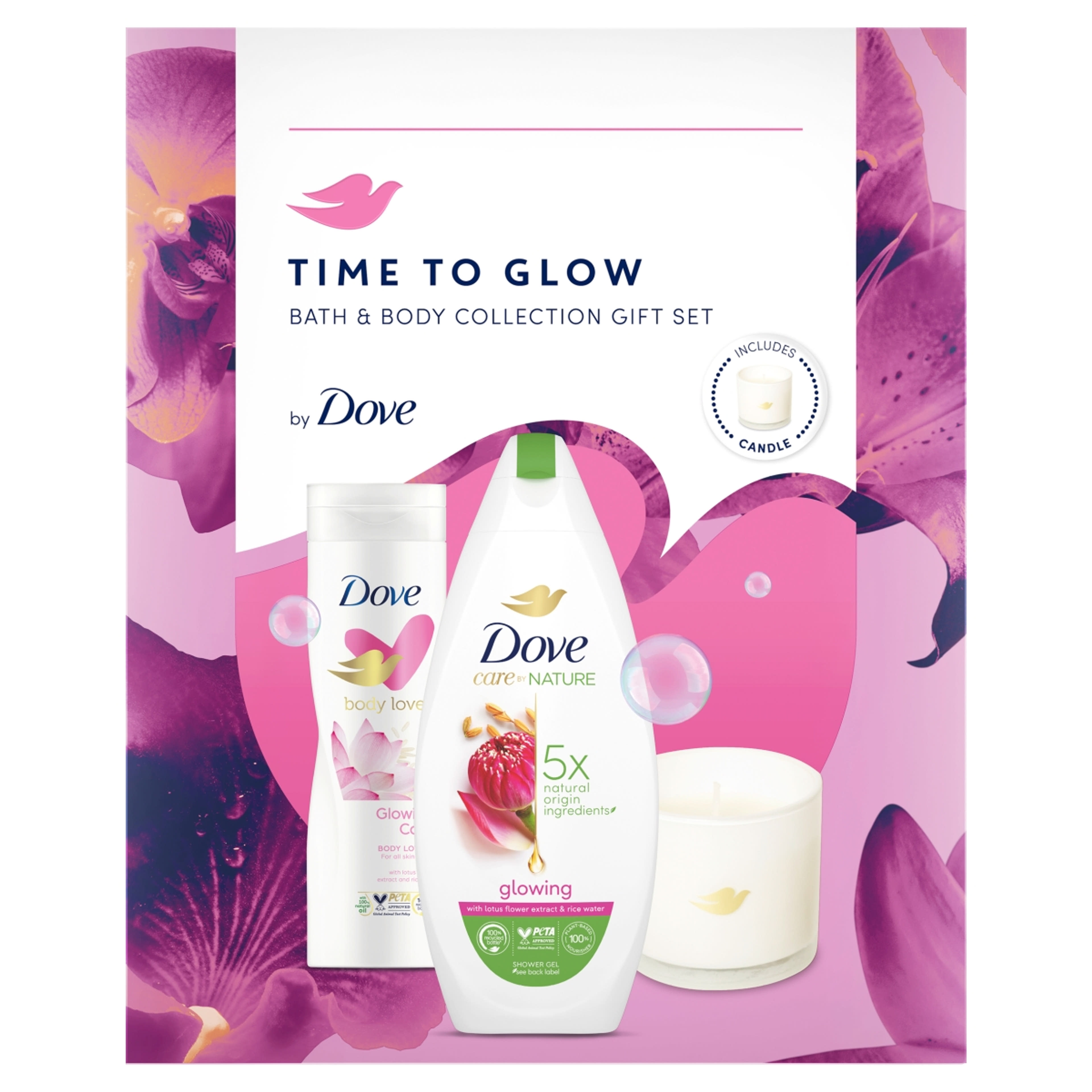 Dove Glowing bőrtápláló ajándékcsomag illatgyertyával - 1 db-1