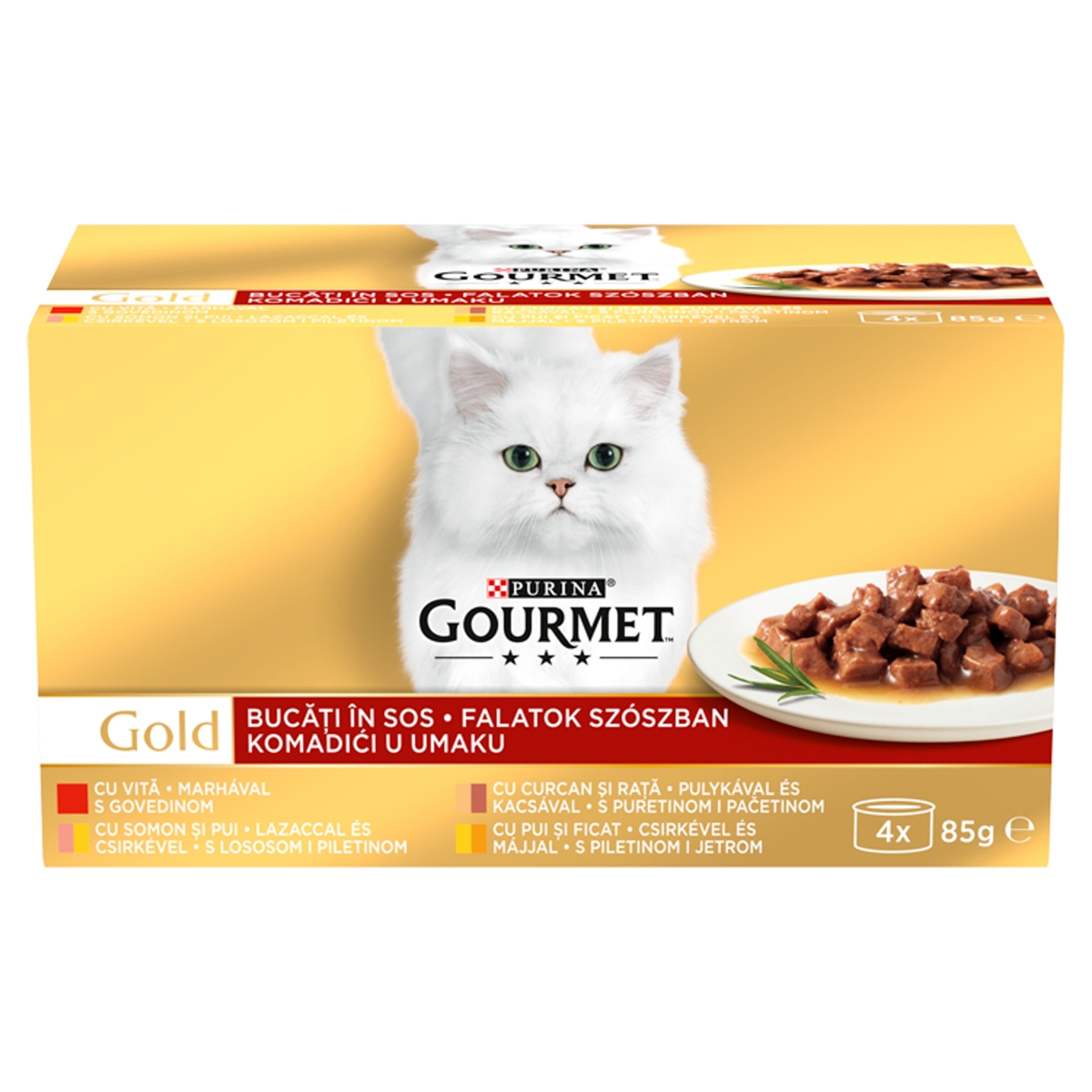 Gourmet Gold felnőtt teljes értékű konzerv macskáknak, falatok szószban 4 ízben (4x85 g) - 340 g