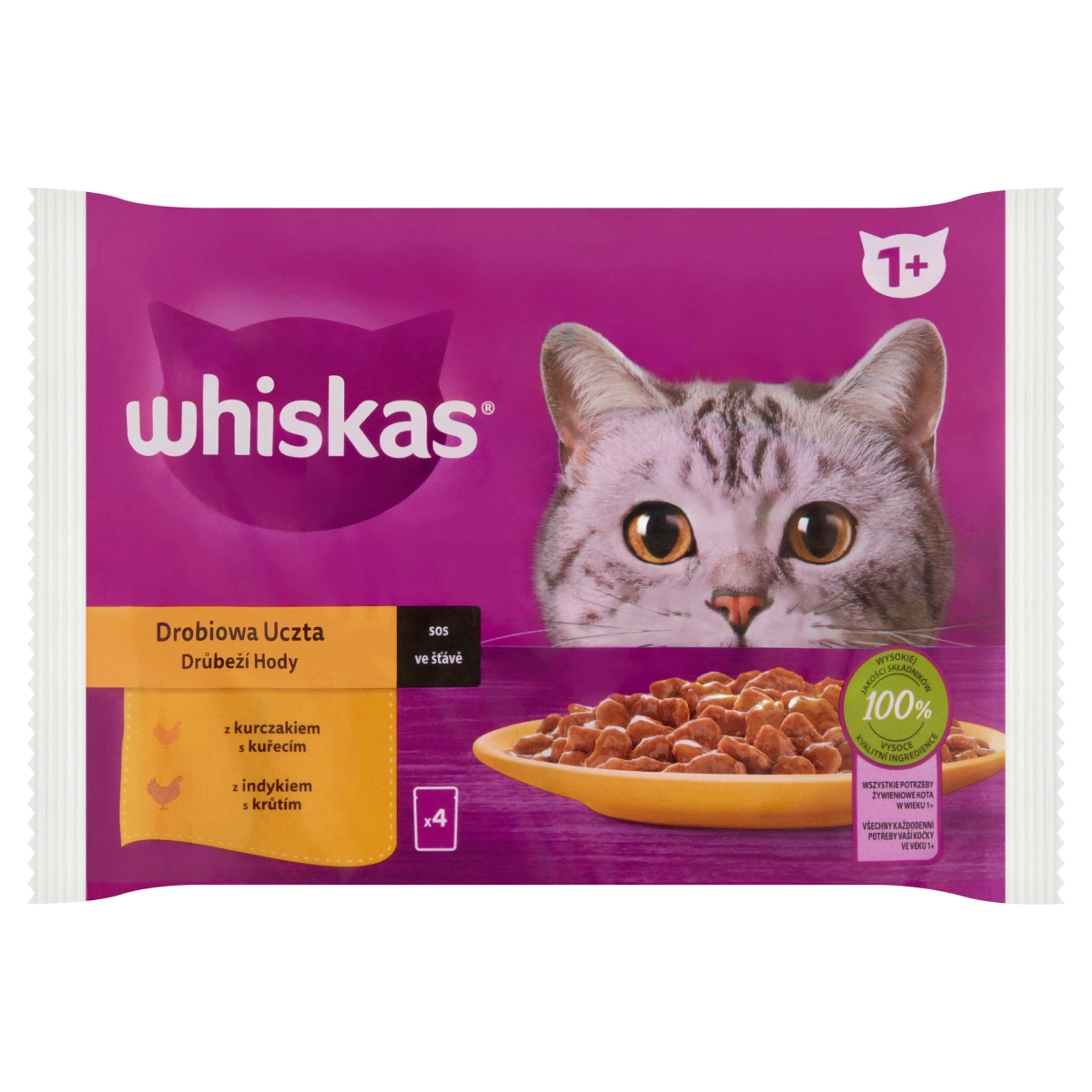 Whiskas 1+ Baromfi Lakomák alutasak felnőtt macskáknak 4 x 85 g - 340 g-1