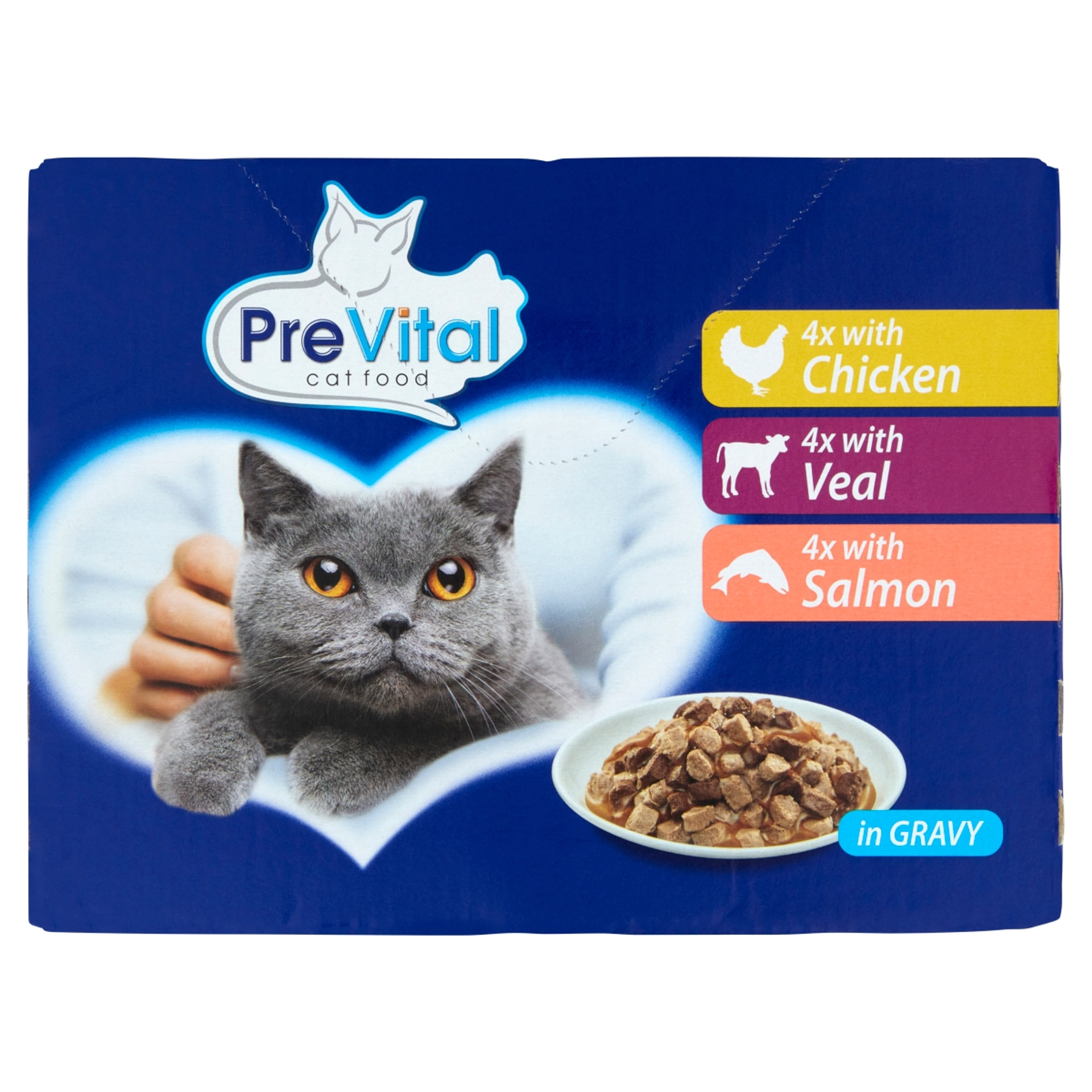 PreVital felnőtt teljes értékű alutasak macskáknak, csirkével és borjúval (12x100 g) - 1200 g-1