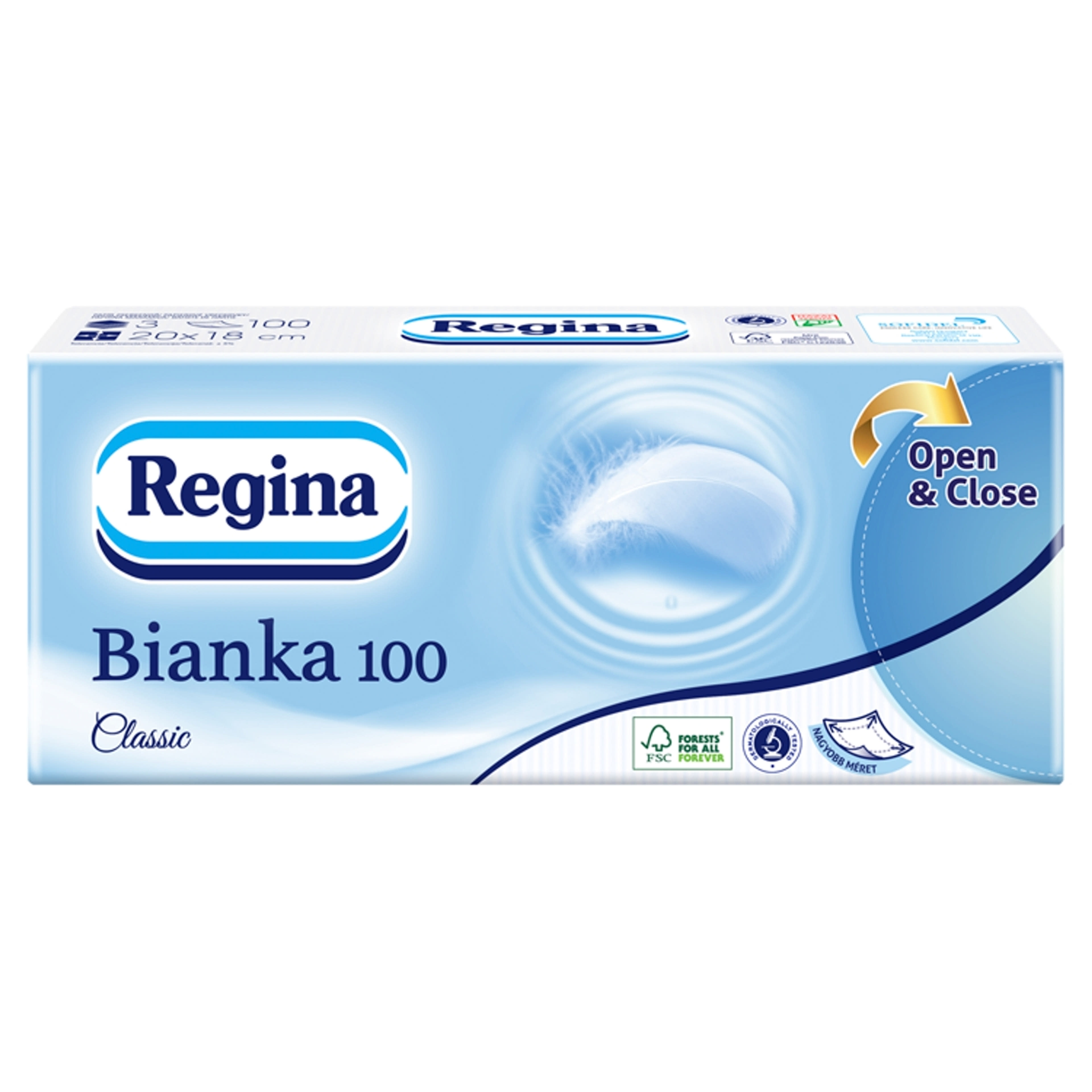 Regina Bianka100 Classic, illatmentes 3 rétegű papír zsebkendő - 100 db