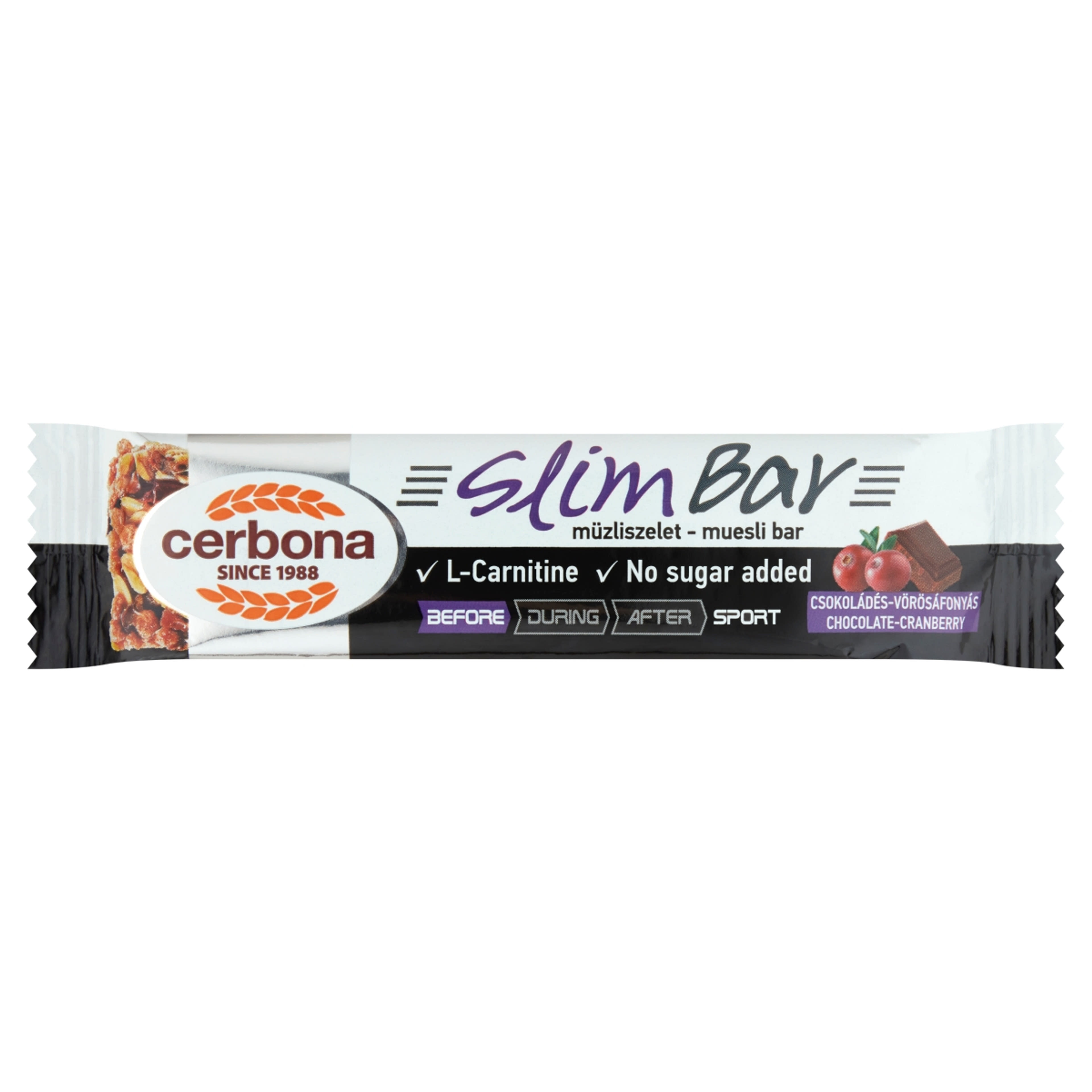 Cerbona Sport Slim csokoládés-vörösáfonyás müzliszelet L-karnitinnel, édesítőszerekkel - 35 g