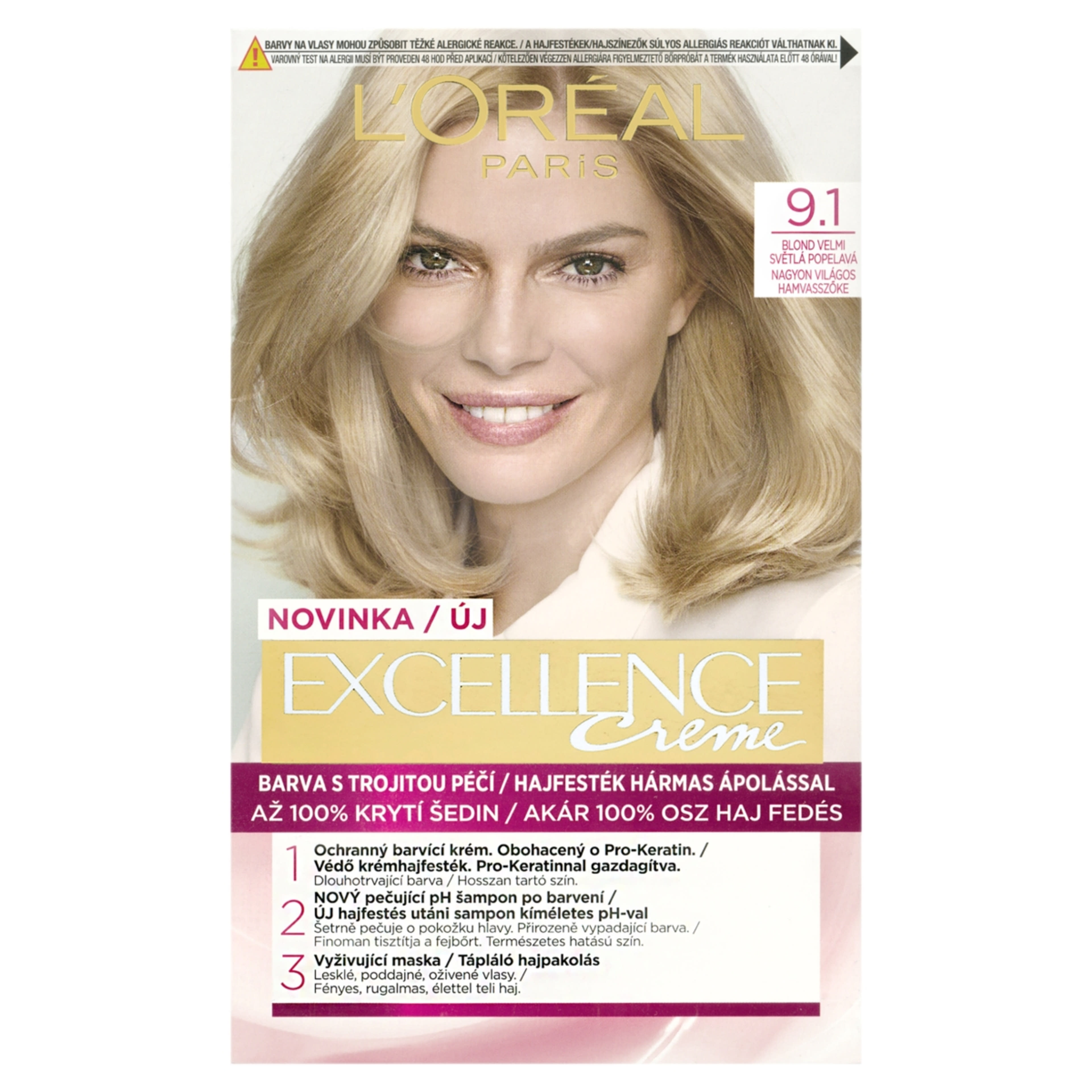 L'Oréal Paris Excellence krémes, tartós hajfesték 9.1 nagyon világos hamvaszszőke - 1 db