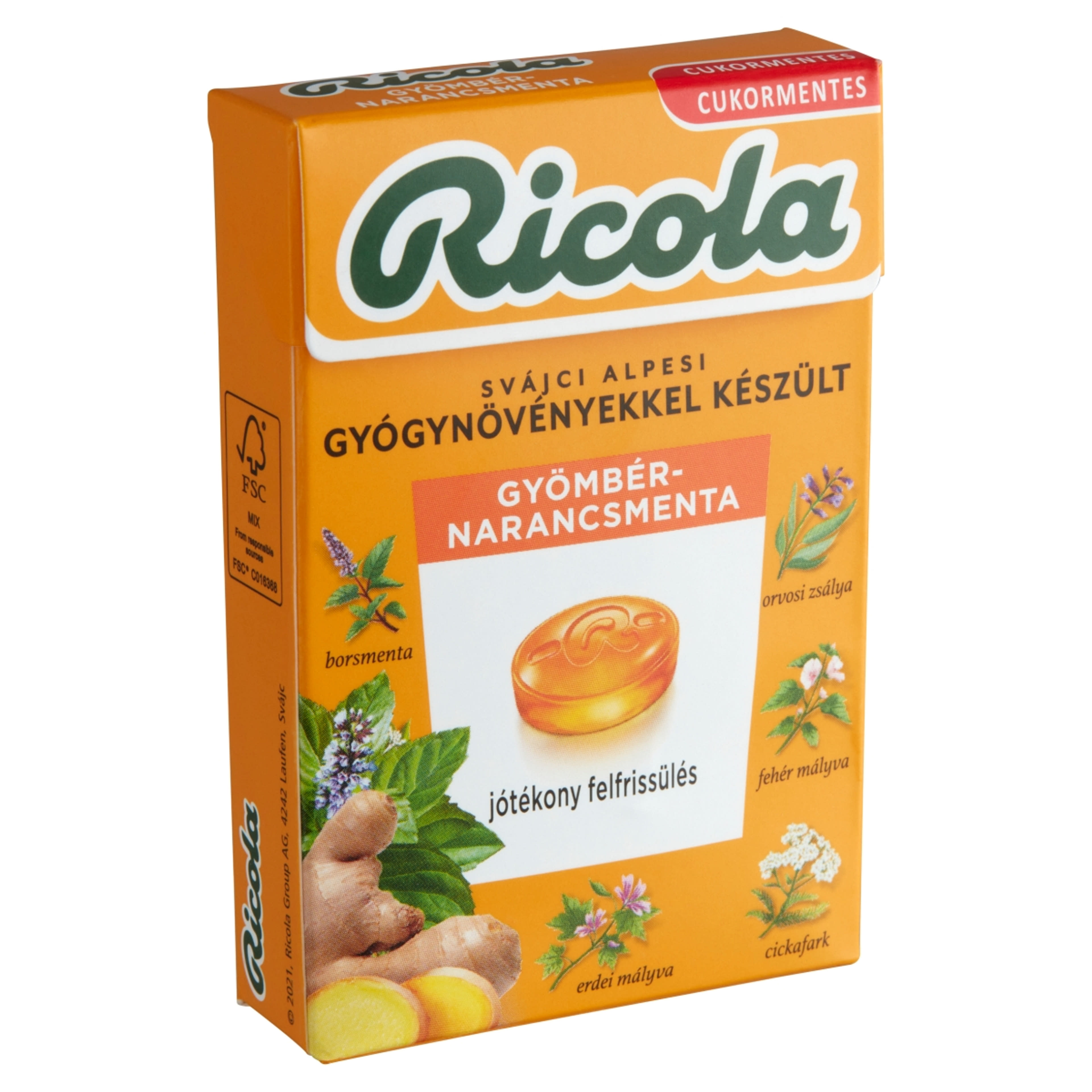 Ricola svájci alpesi cukormentes gyömbér-narancsmenta cukorkák - 40 g-2