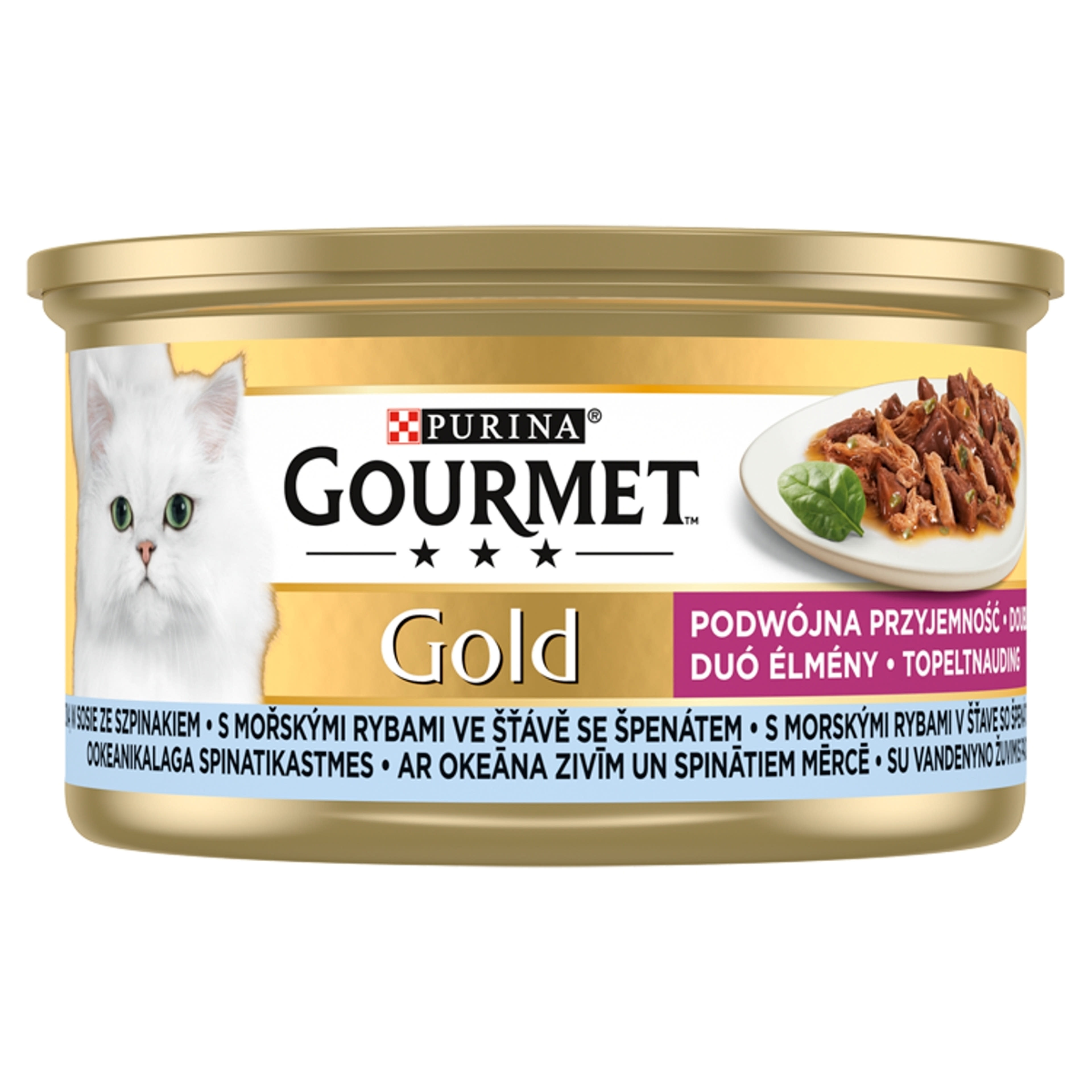 Gourmet Gold felnőtt teljes értékű konzerv macskáknak, tengeri hallal spenótos szószban - 85 g-1