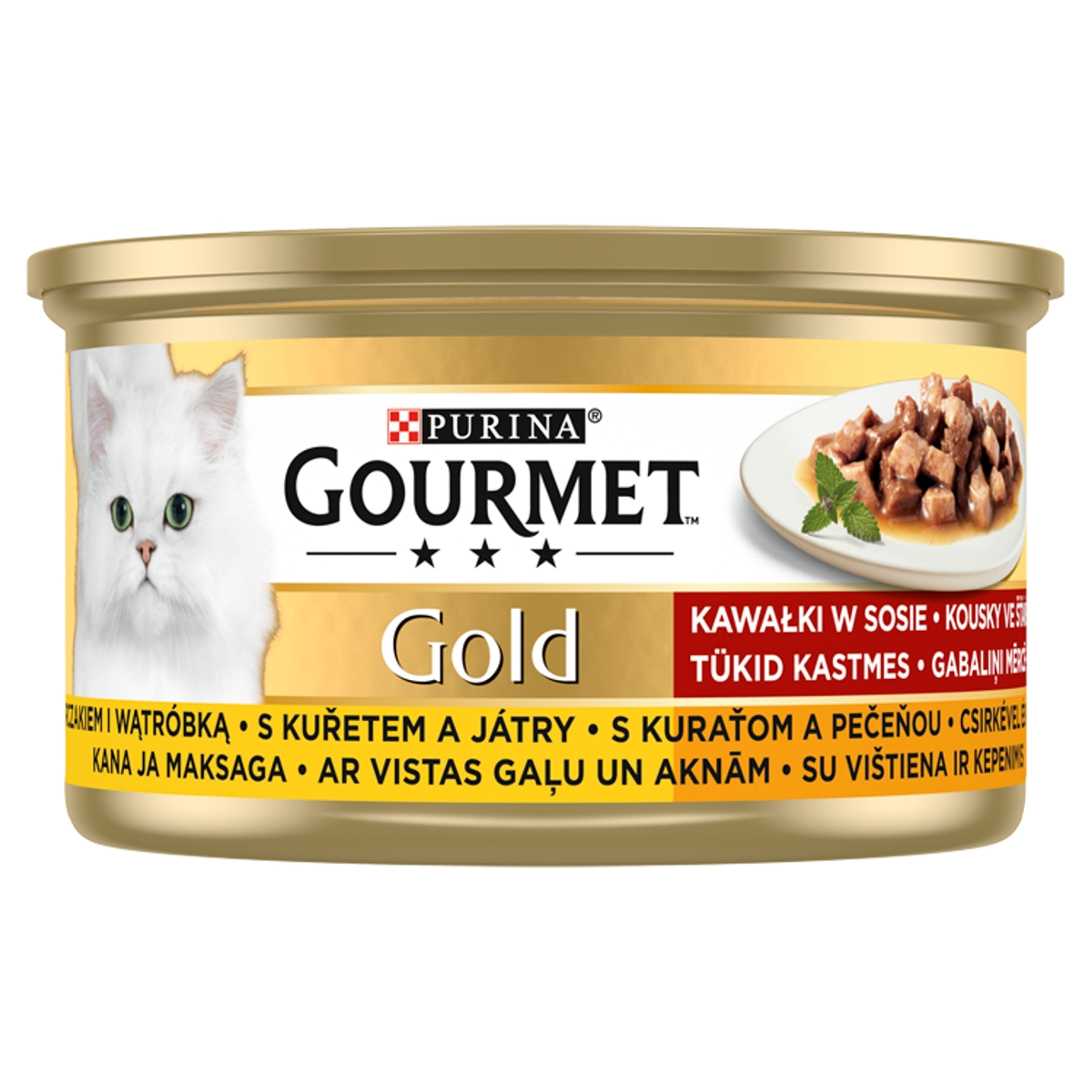 Gourmet Gold felnőtt teljes értékű konzerv macskáknak, csirke-máj falatok szószban - 85 g